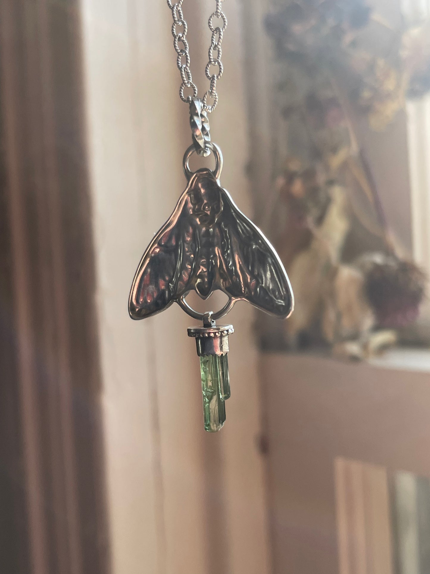 Green Tourmaline Crystal Deathmoth Necklace