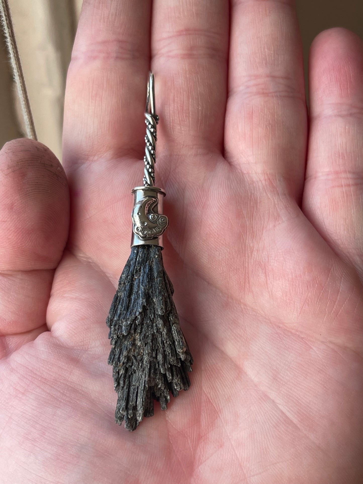 Clouded Crescent Whimsical Lunar Witch Crystal Broom Pendant
