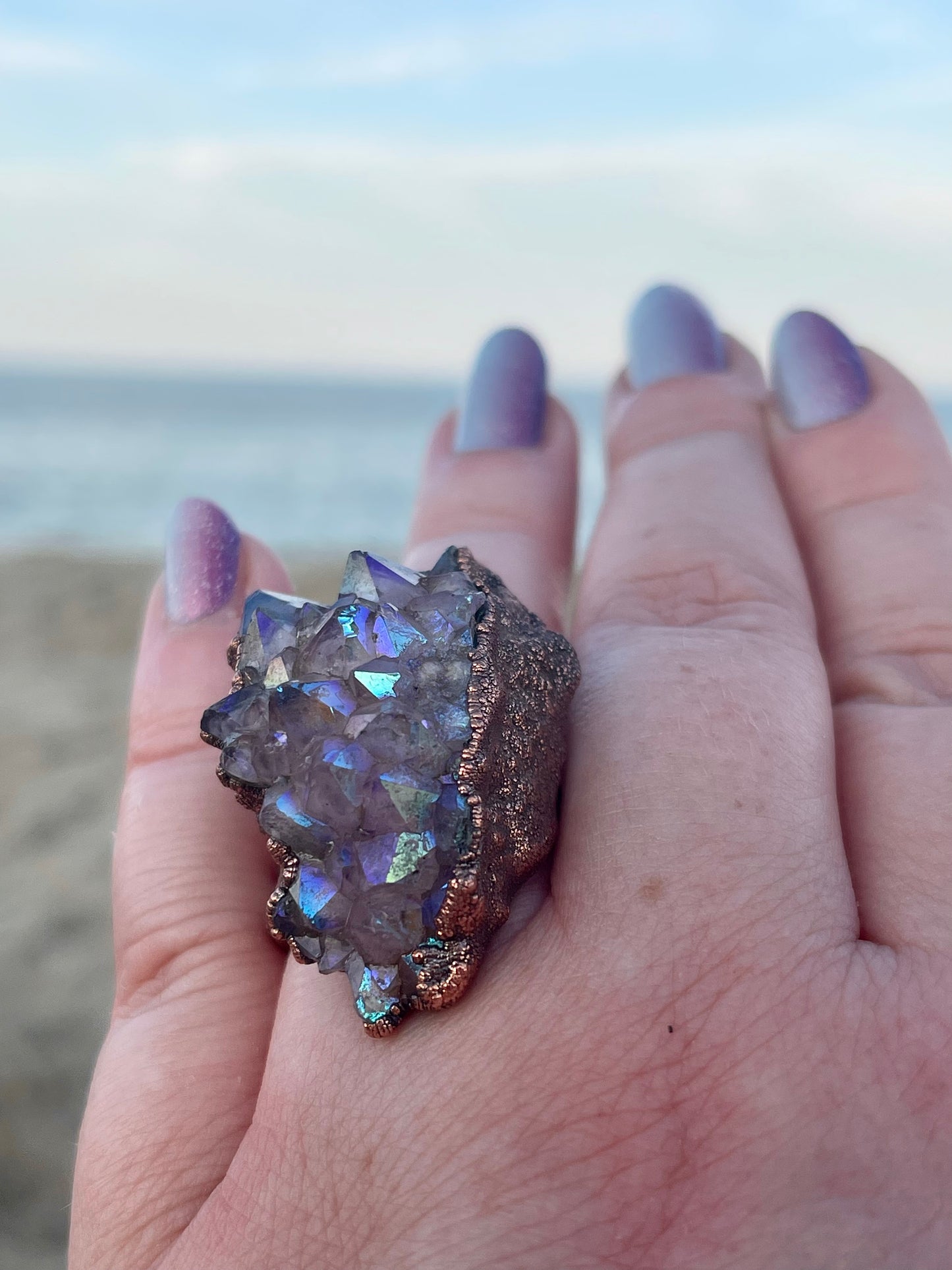 Angel Aurafied Geode Quartz Electroformed Copper Statement Ring