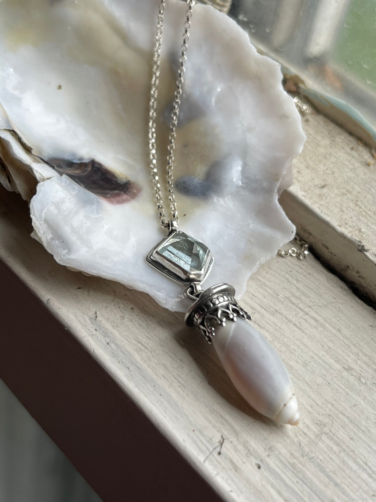 Empress of Tides • Aquamarine & Olive Shell Necklace
