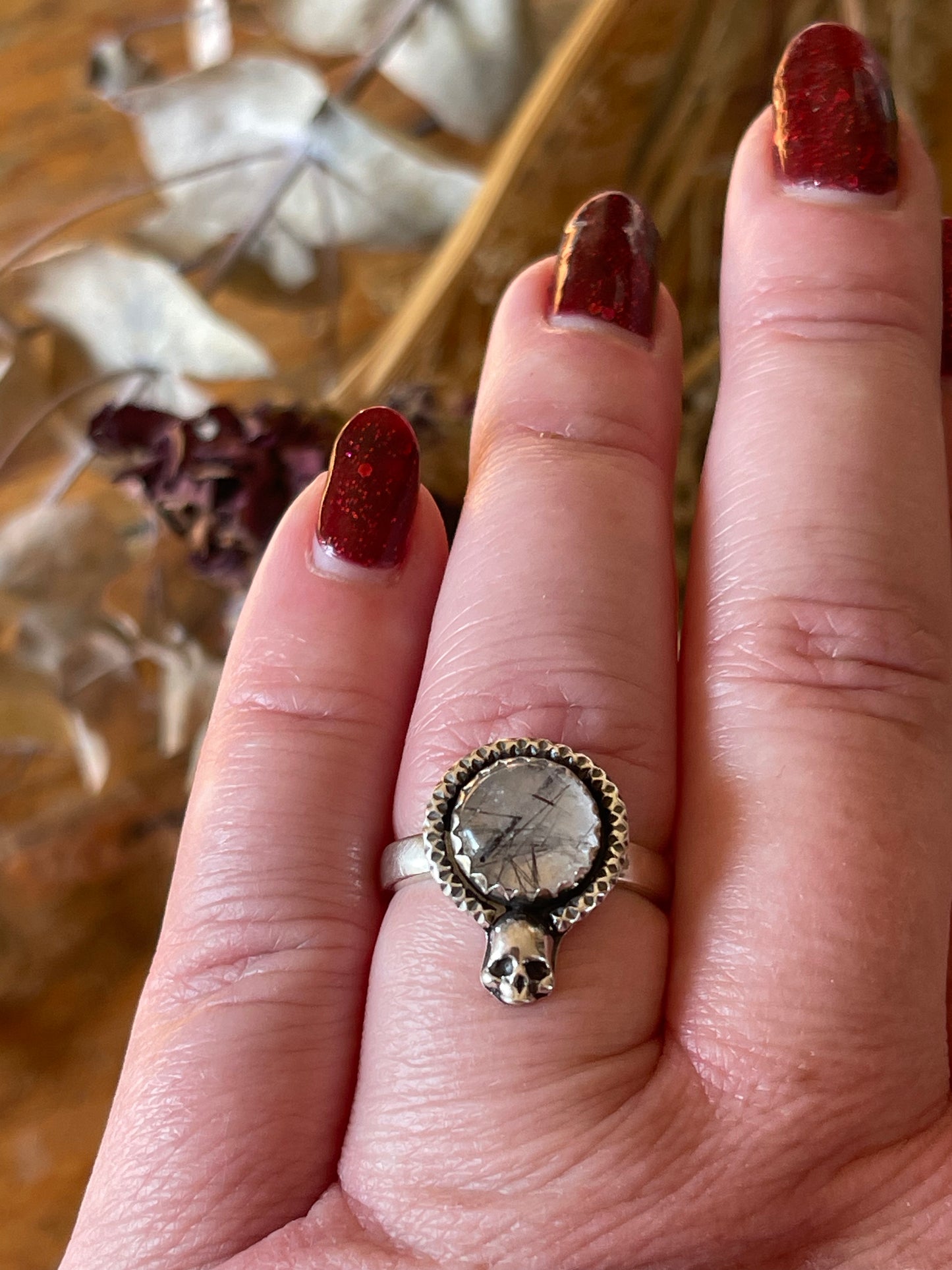 Black Rutilated Quartz Skull Ring