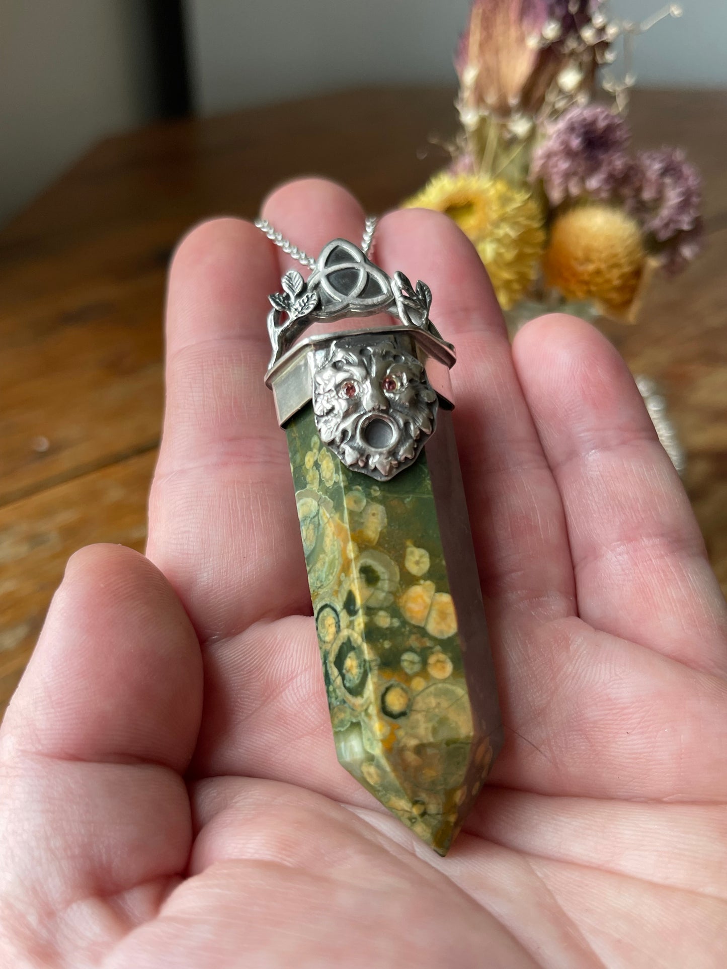*Oakfather’s Blessing • Rainforest Agate Greenman Crystal with Orange Sapphire Eyes • Sterling Silver