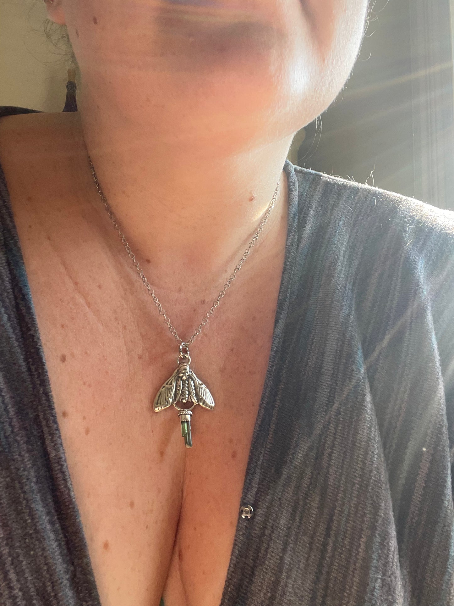 Green Tourmaline Crystal Deathmoth Necklace