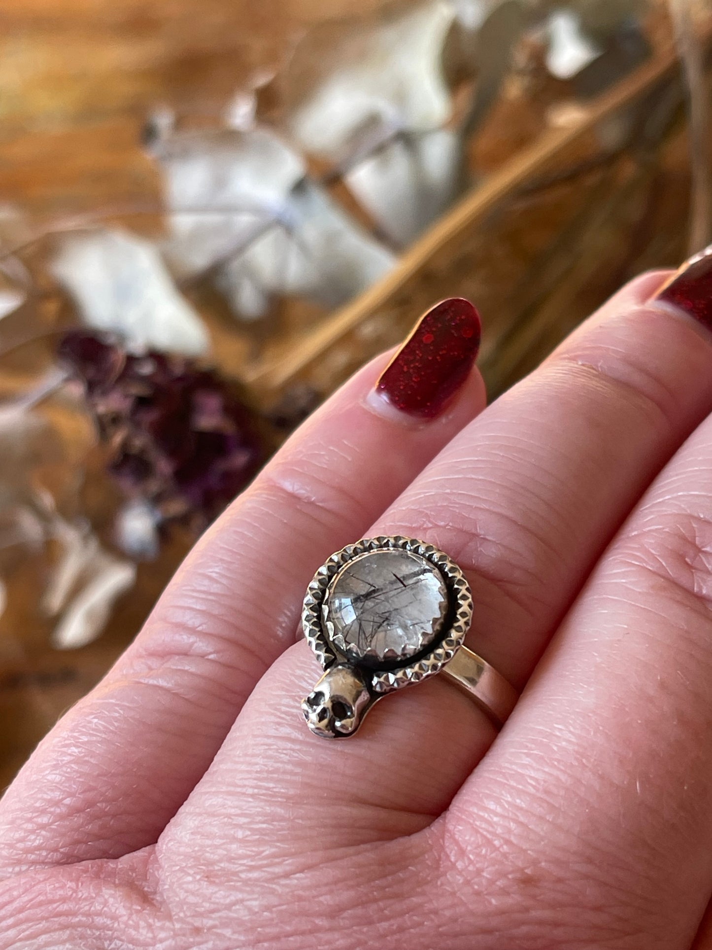 Black Rutilated Quartz Skull Ring