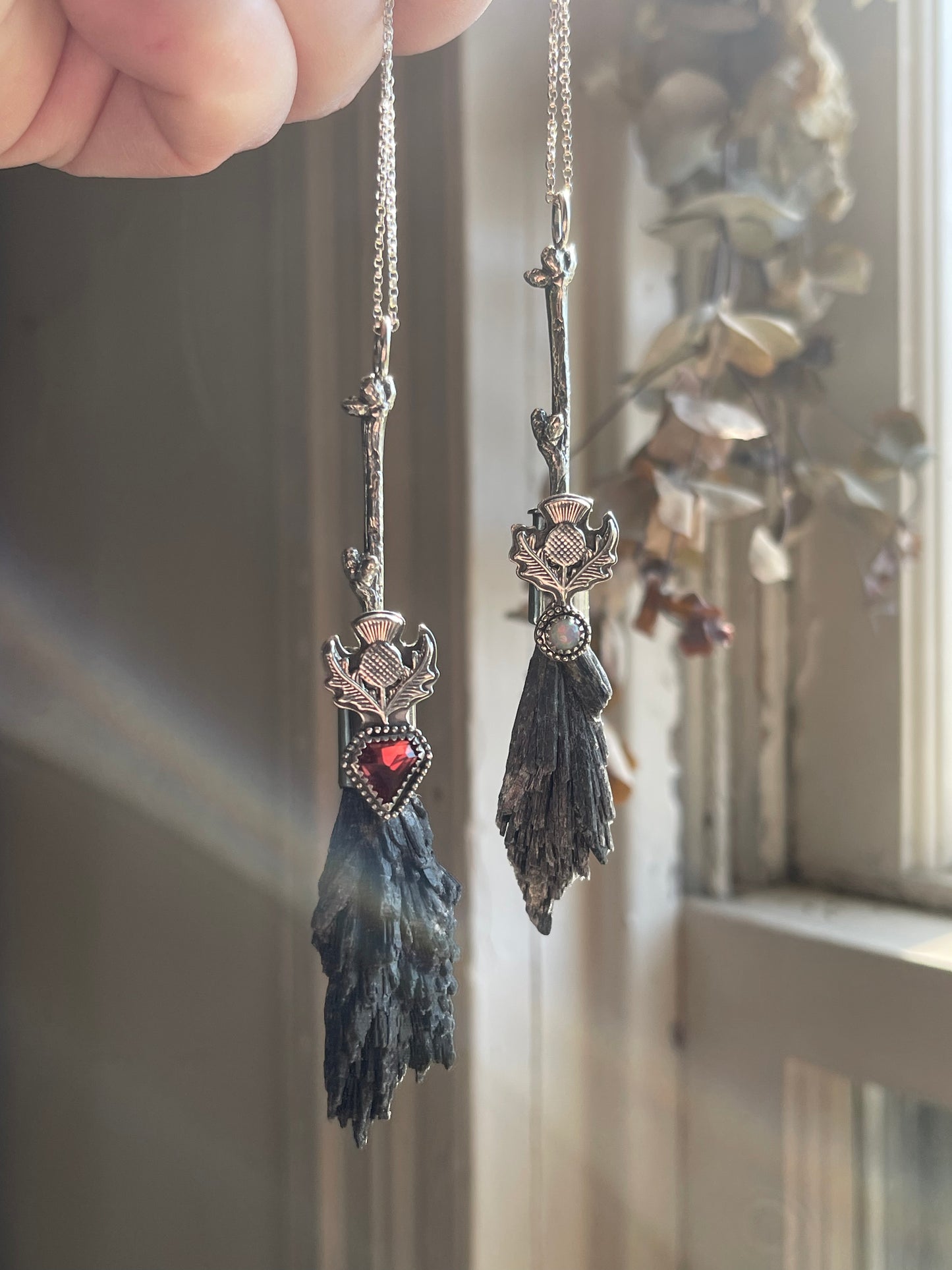 Cottage Witch Thistle Garnet Crystal Broom Pendant