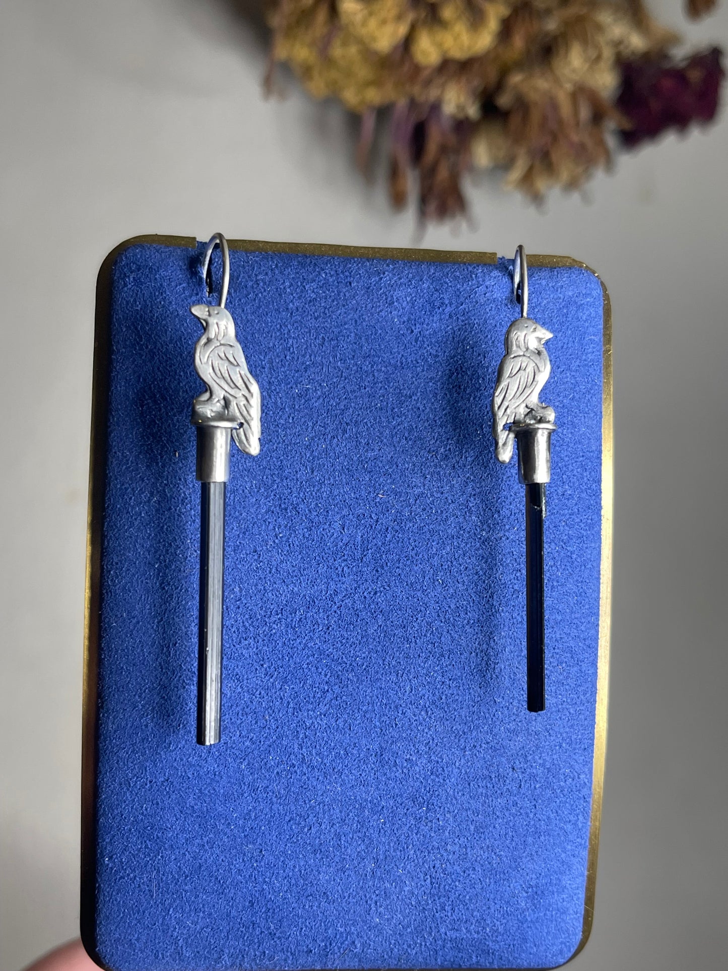 *Nevermore Black Tourmaline Crystal  Corvid Long Drop Earrings • Sterling Silver
