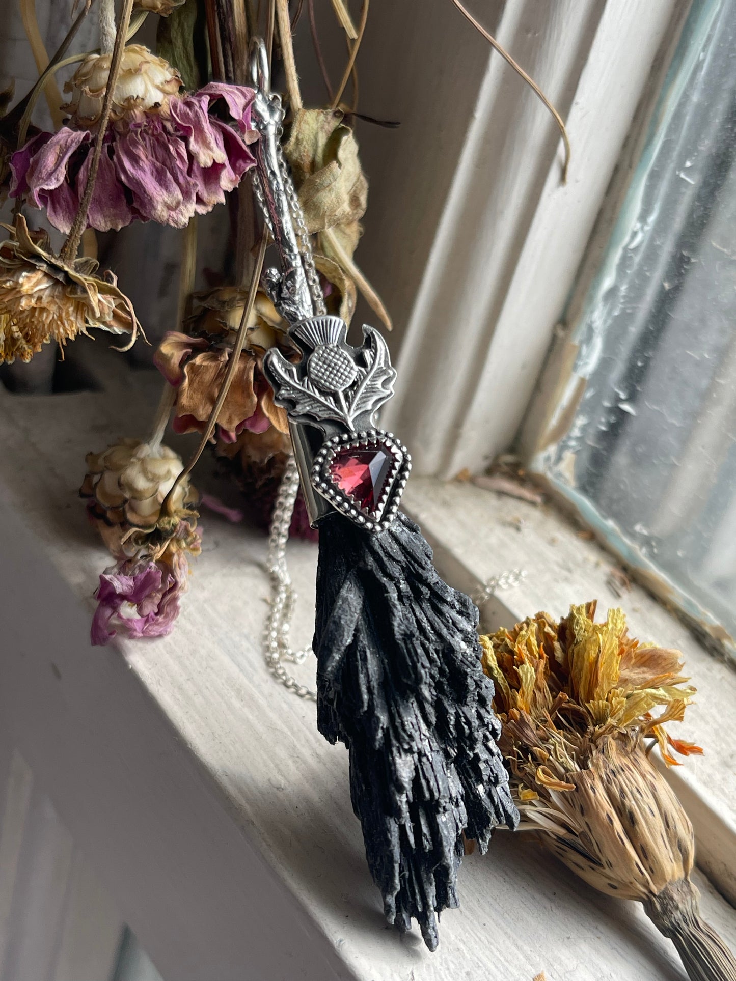 Cottage Witch Thistle Garnet Crystal Broom Pendant