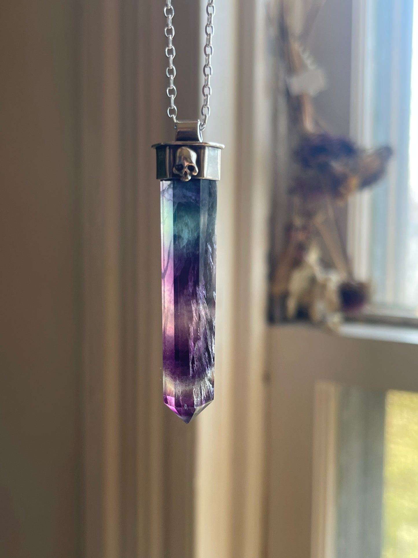 Autumnal Decay Fluorite Crystal Skull Necklace
