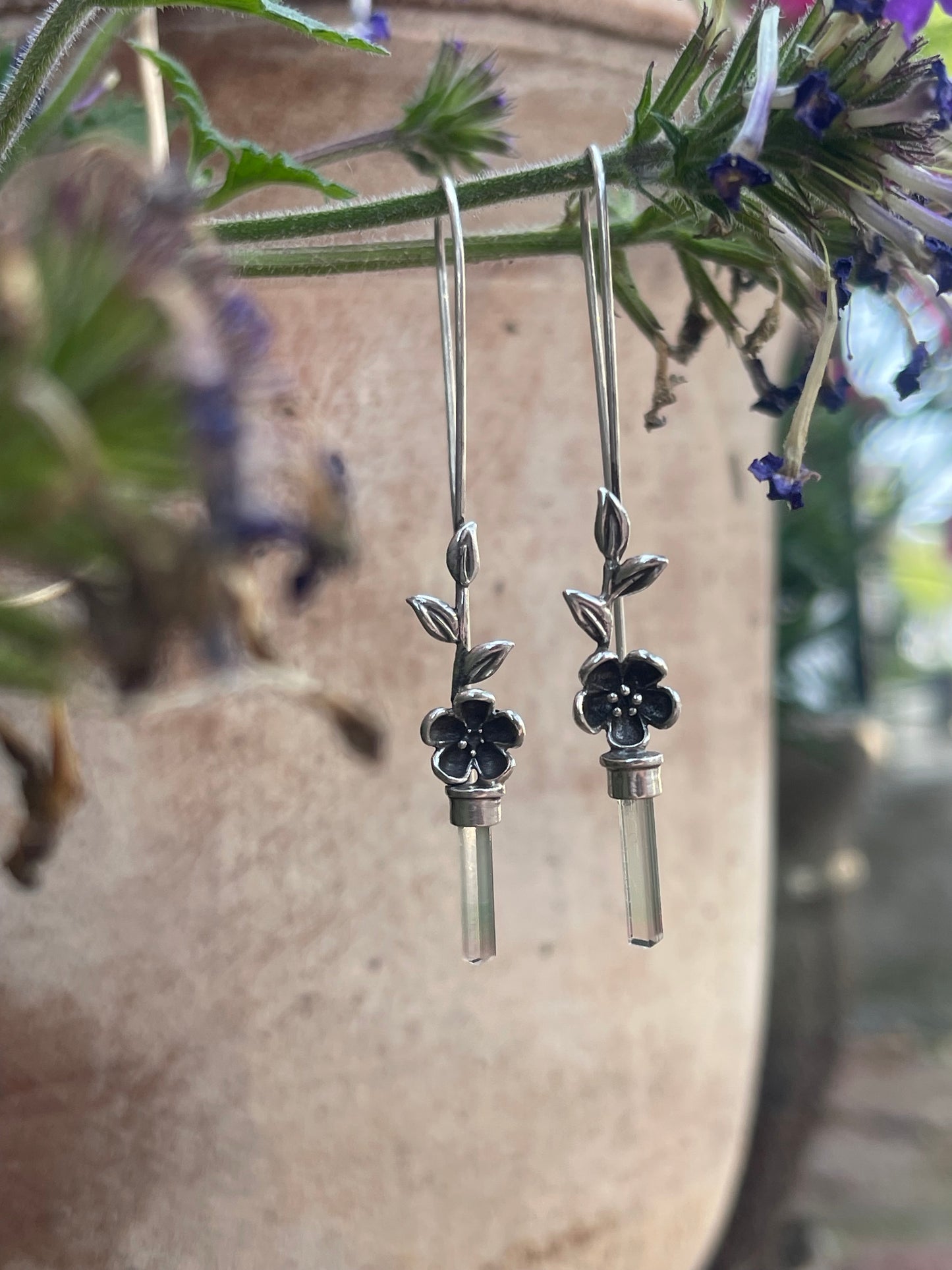 *Blooms on the Vine • Watermelon Tourmaline Crystal Cherry Blossom Long Drop Earrings • Sterling Silver