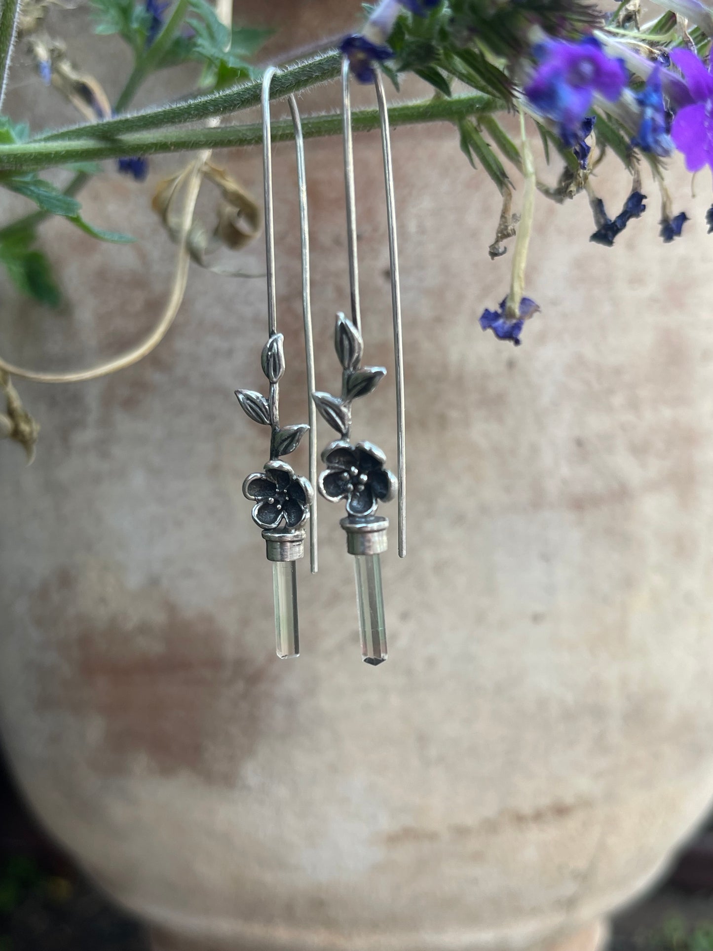 *Blooms on the Vine • Watermelon Tourmaline Crystal Cherry Blossom Long Drop Earrings • Sterling Silver