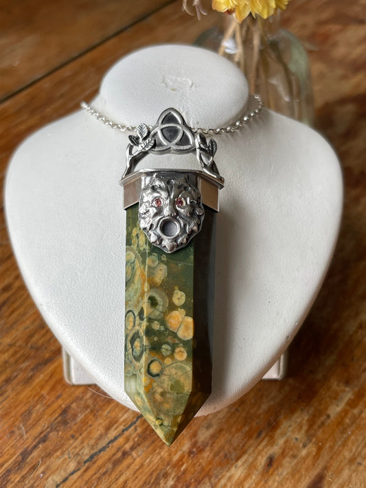 Oakfather’s Blessing • Rainforest Agate Greenman Crystal with Orange Sapphire Eyes • Sterling Silver Pendant