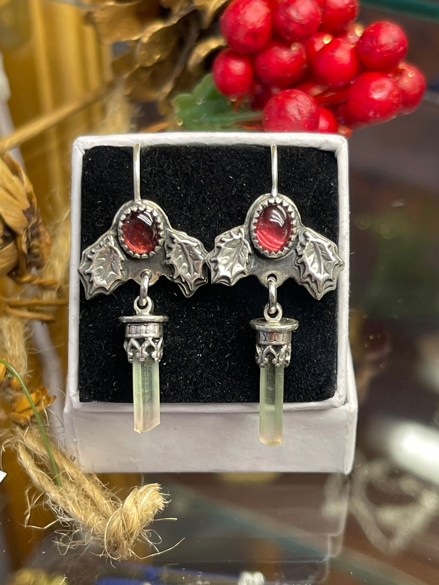 Festive Holly Crystal Dangle Earrings