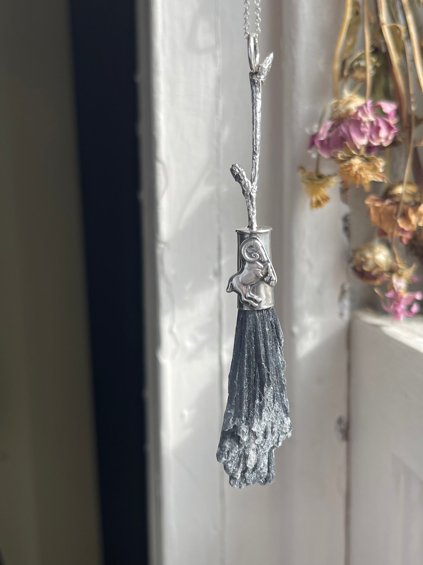 Aries Ram Forest Witch Crystal Broom Pendant