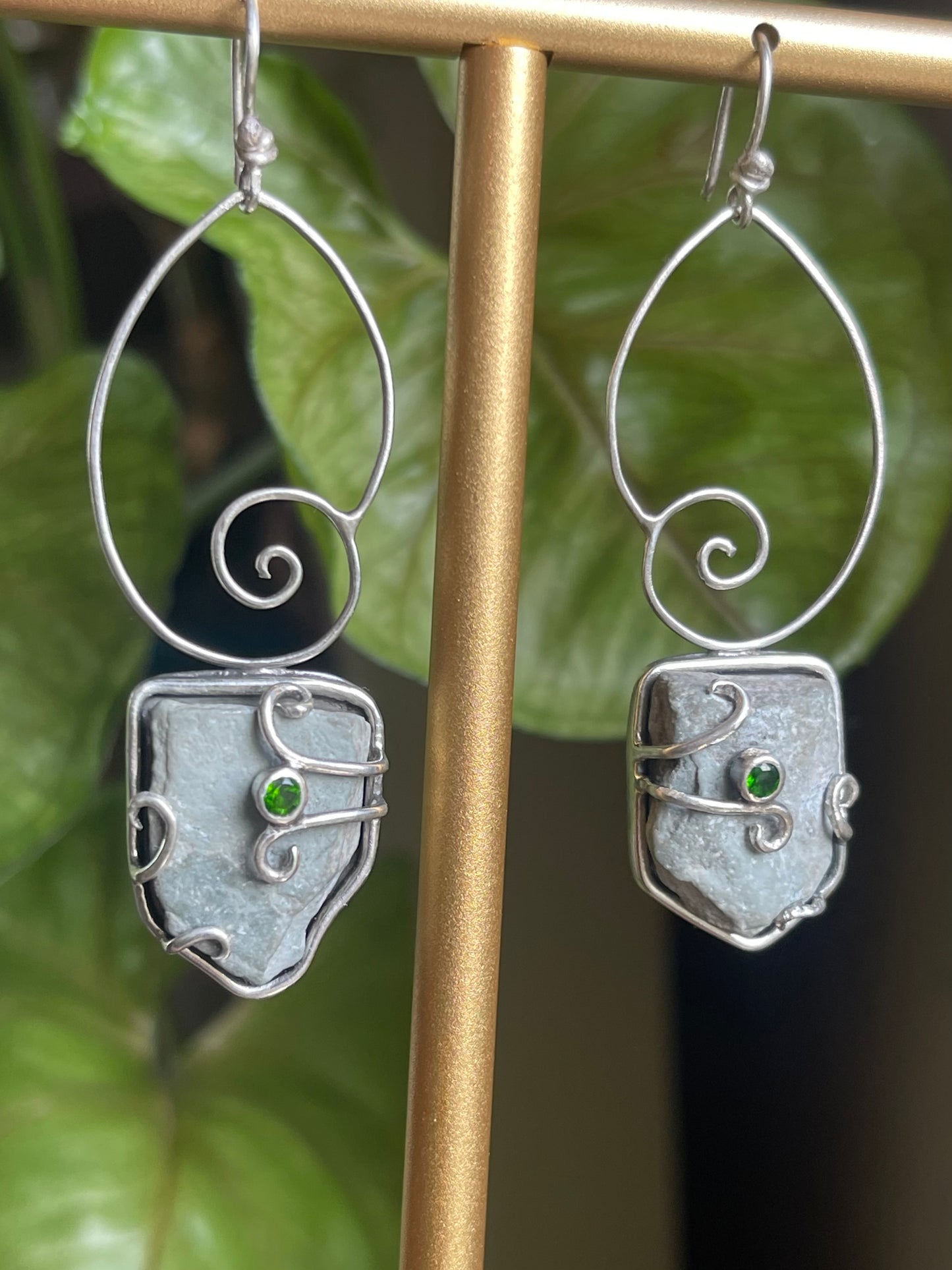 *Forest Snail Dangle Earrings • Chrome Diopside & River Rock • Sterling Silver