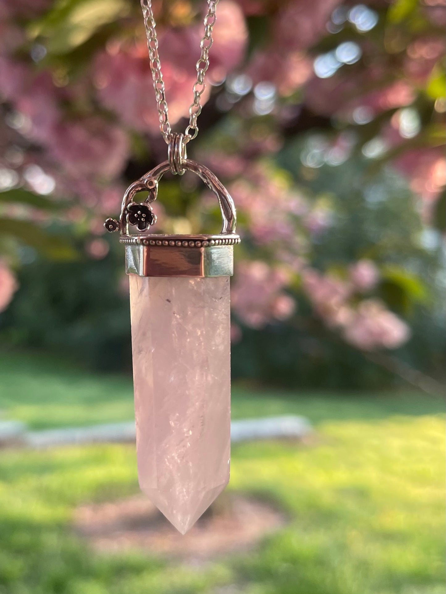 Cherries & Roses • Rose Quartz Crystal Floral pendant necklace