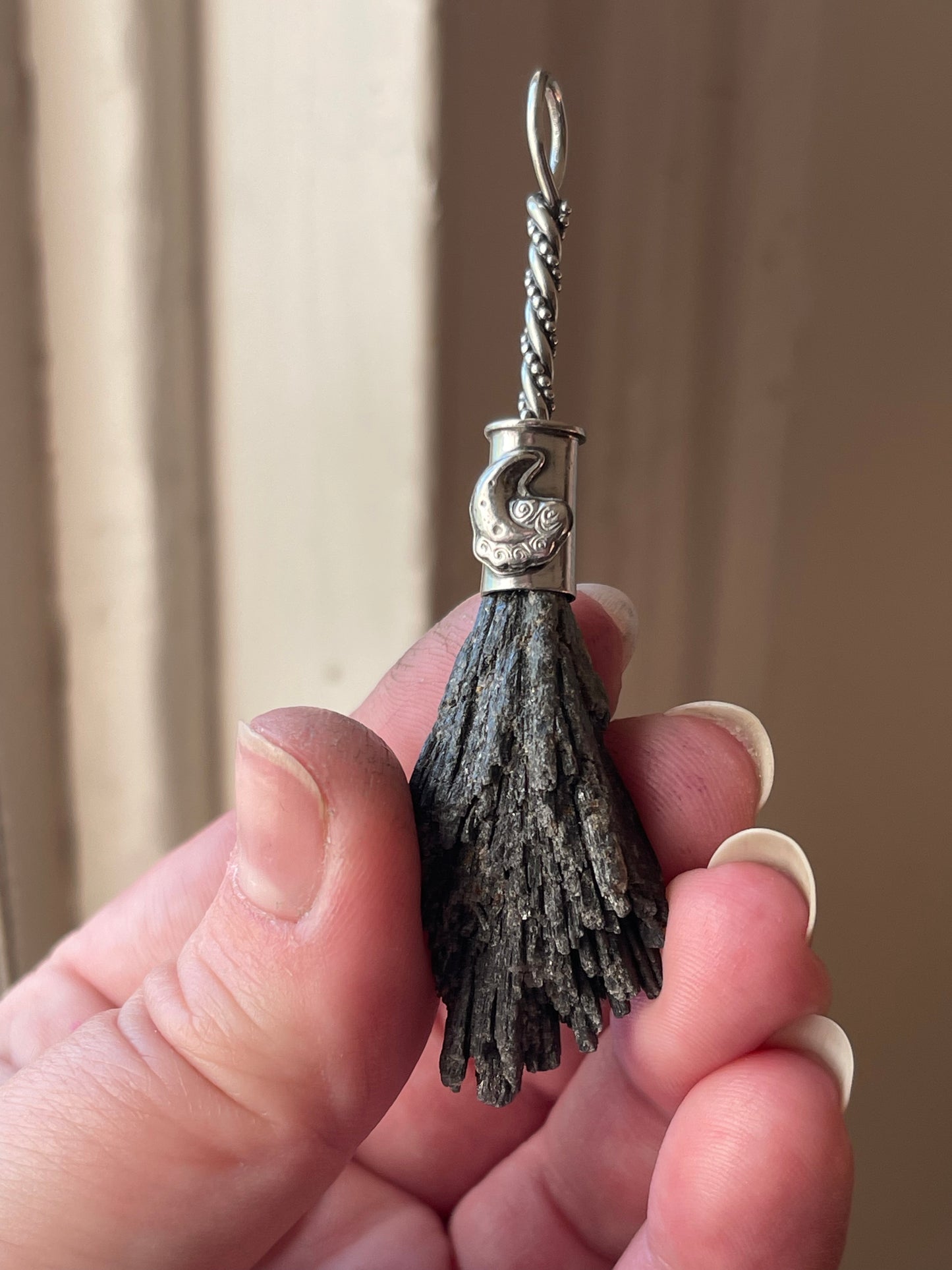 Clouded Crescent Whimsical Lunar Witch Crystal Broom Pendant