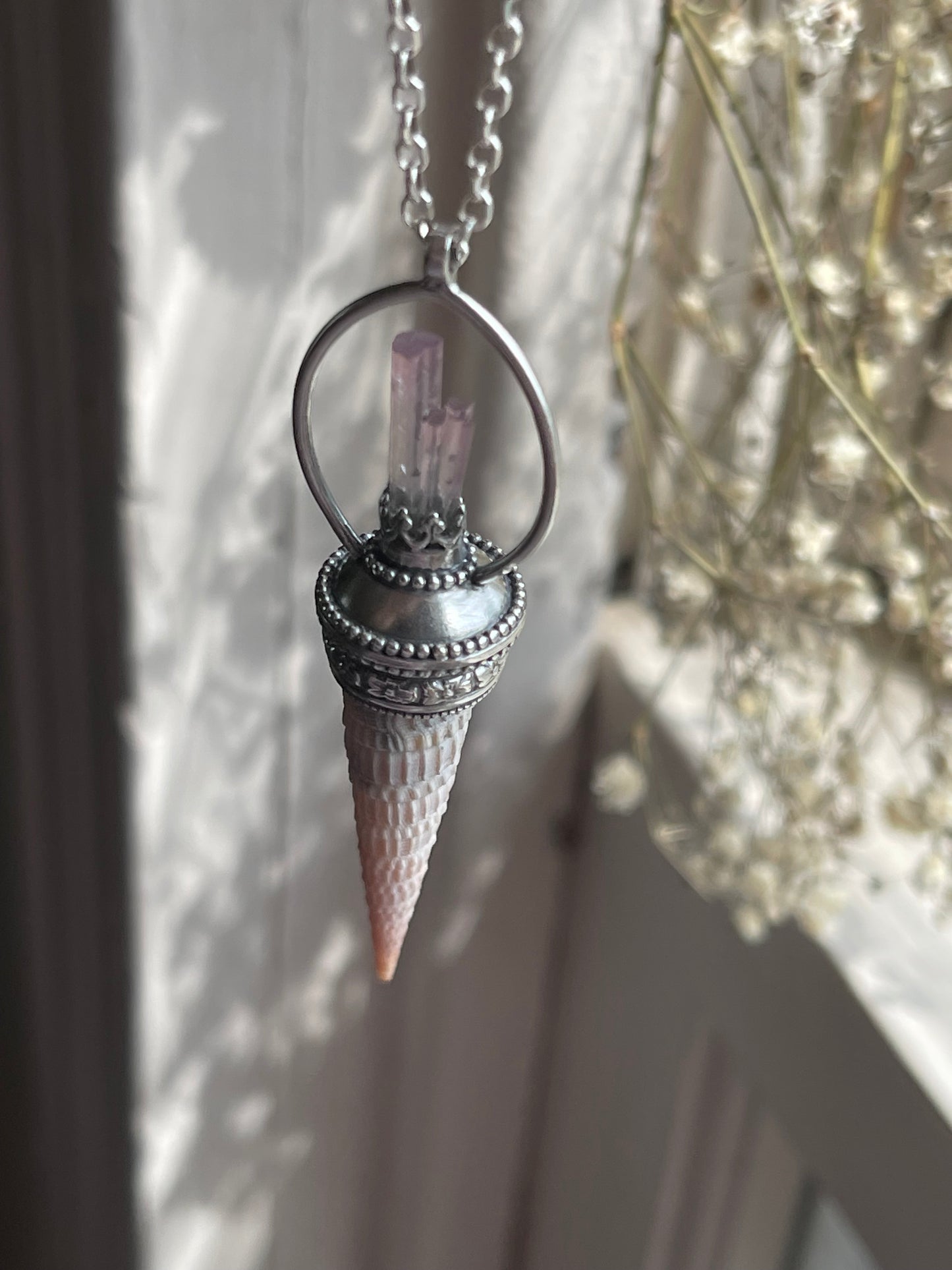 Elafonisi Tides • Pink Watermelon Tourmaline Crystal Shell Statement Pendant Necklace