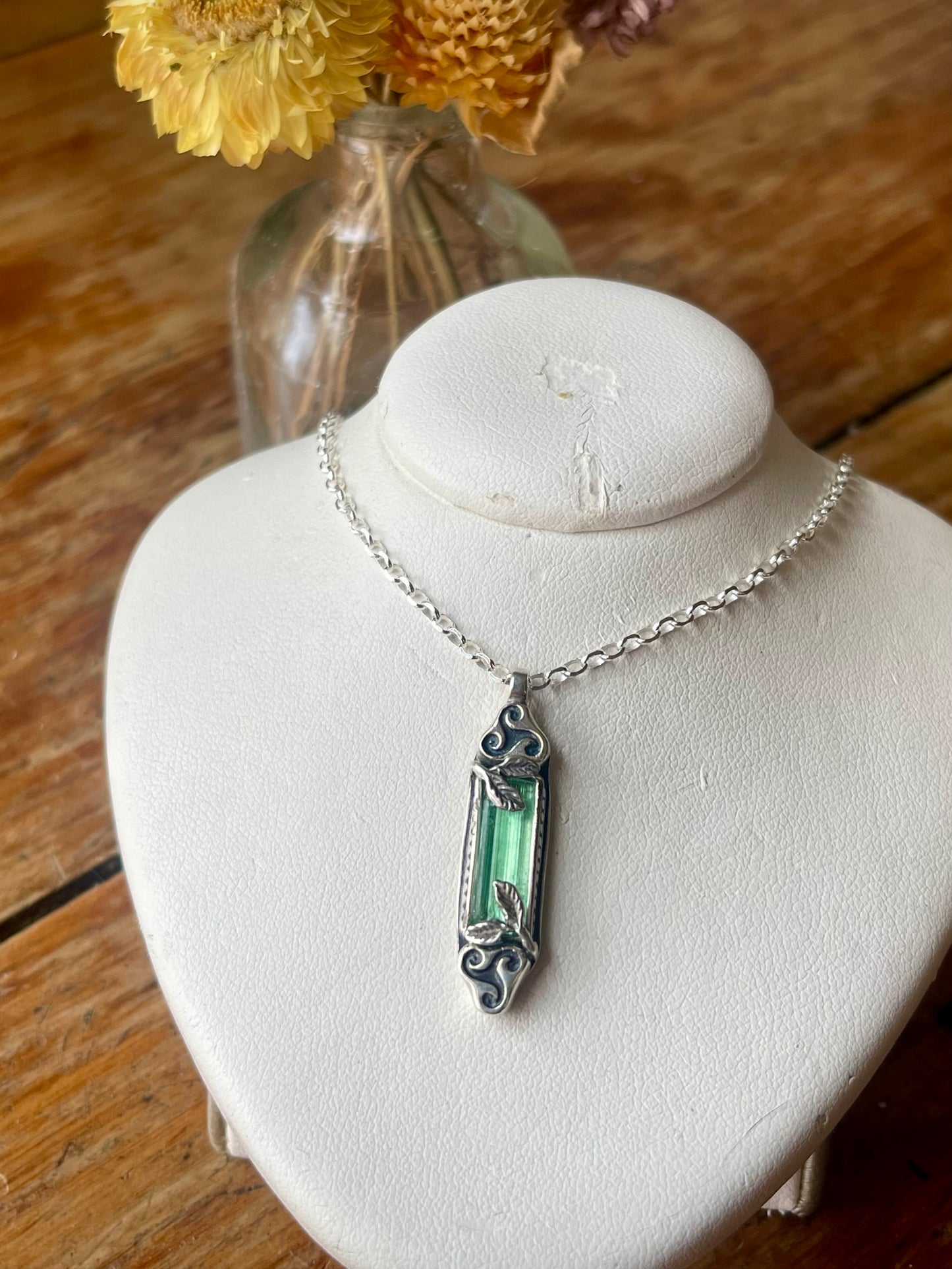 *Mabon’s Treasure • Green Tourmaline Crystal Triskelion Celtic Pendant Necklace