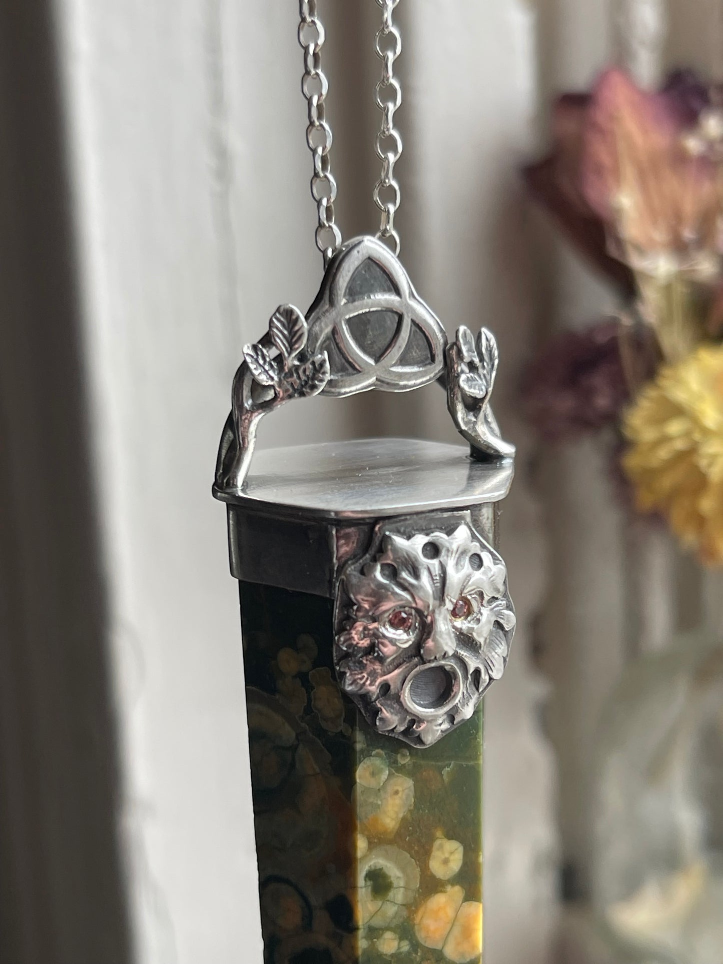 *Oakfather’s Blessing • Rainforest Agate Greenman Crystal with Orange Sapphire Eyes • Sterling Silver