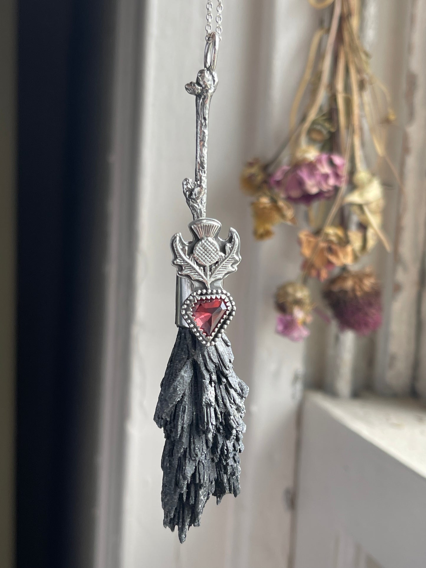 Cottage Witch Thistle Garnet Crystal Broom Pendant
