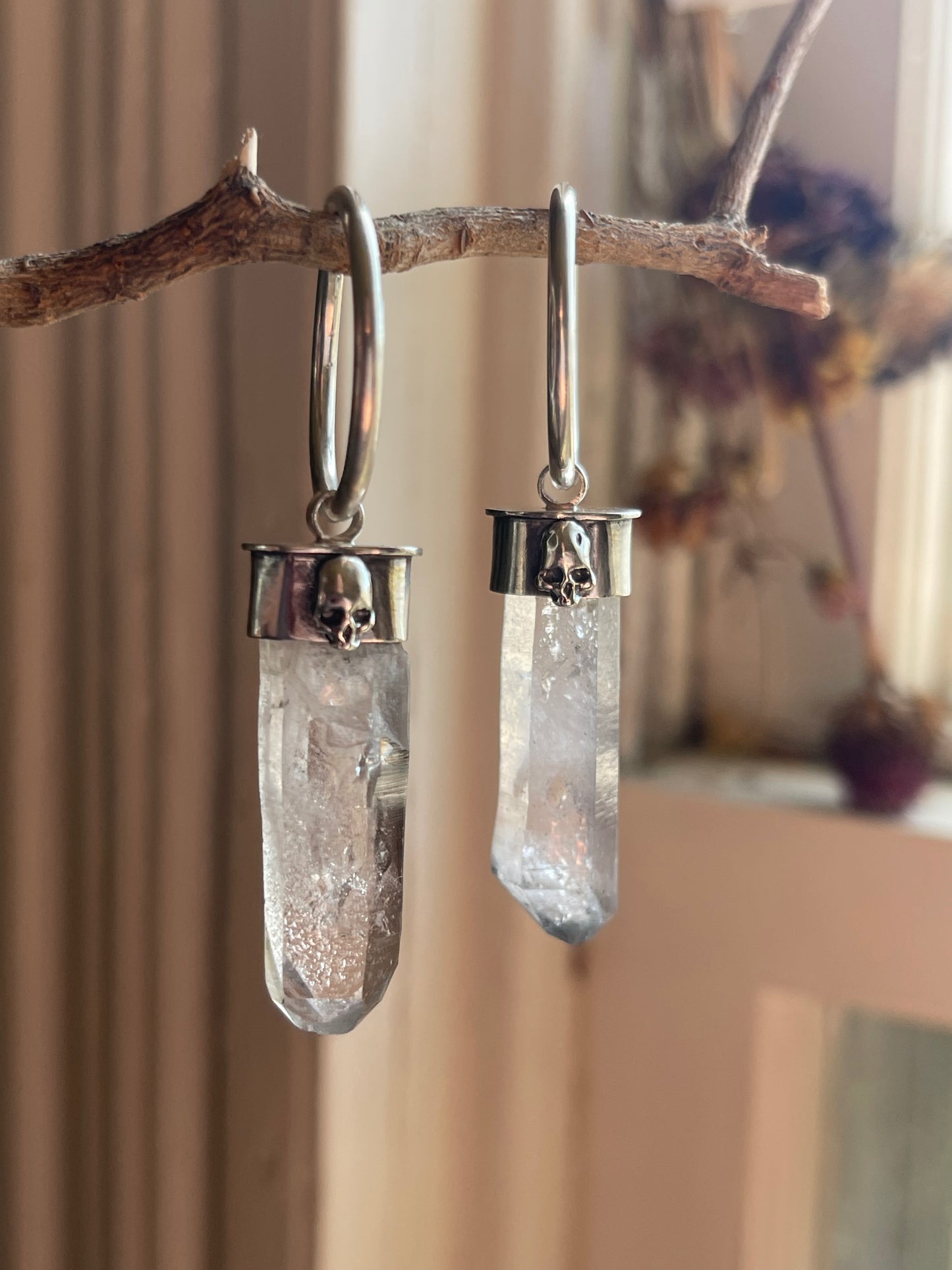 Gauged Tibetan Quartz Skull Ear Hanger Hoops