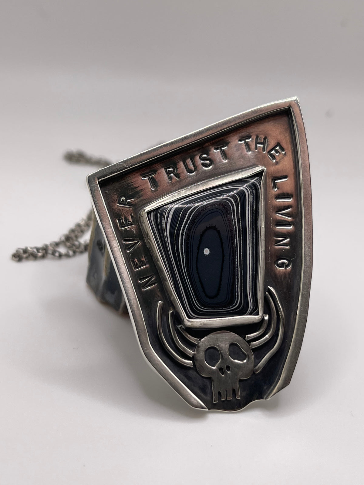 *Never Trust the Living • Fordite & Sterling Silver Beetlejuice Halloween Statement Pendant Necklace