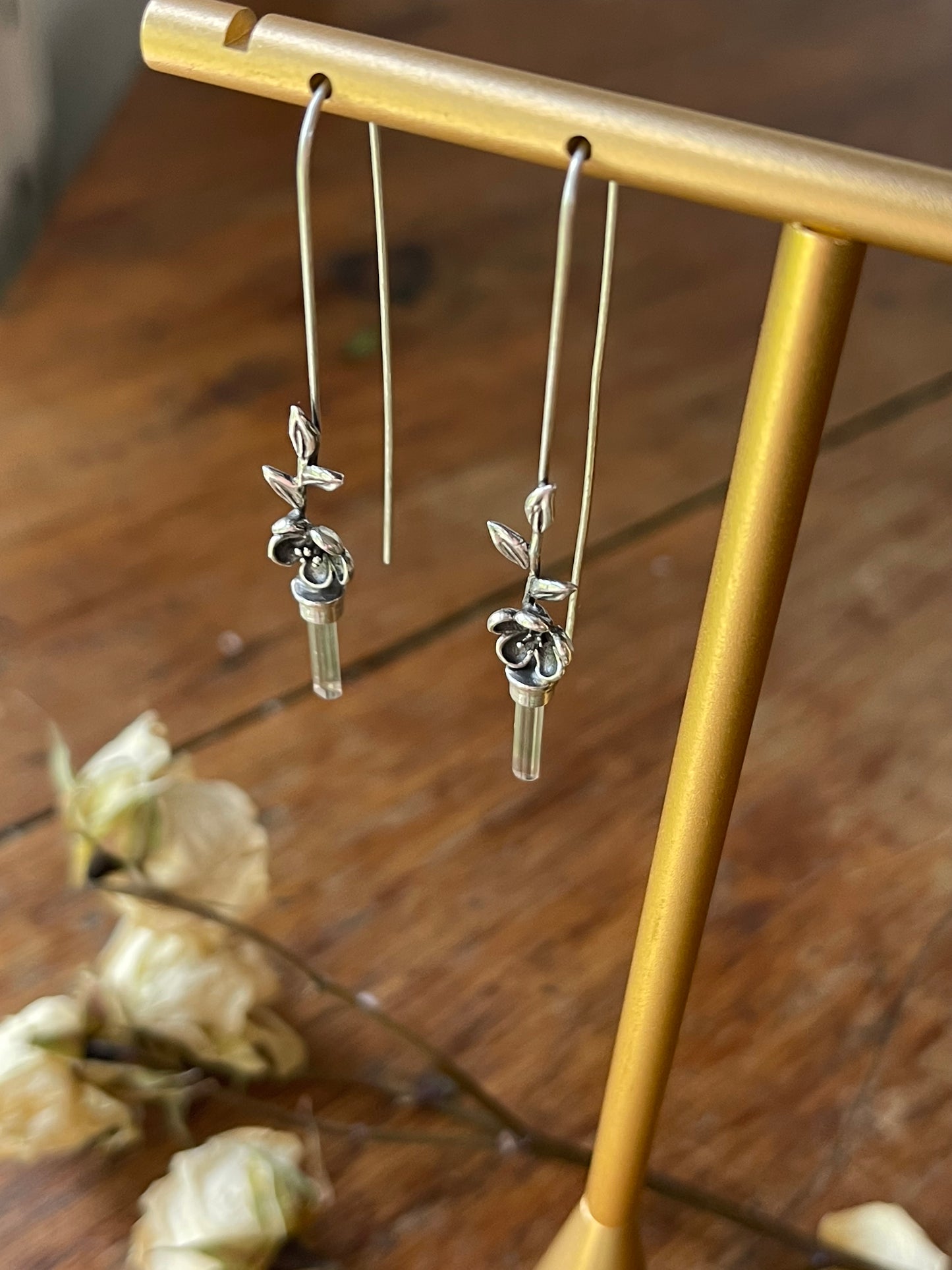 *Blooms on the Vine • Watermelon Tourmaline Crystal Cherry Blossom Long Drop Earrings • Sterling Silver