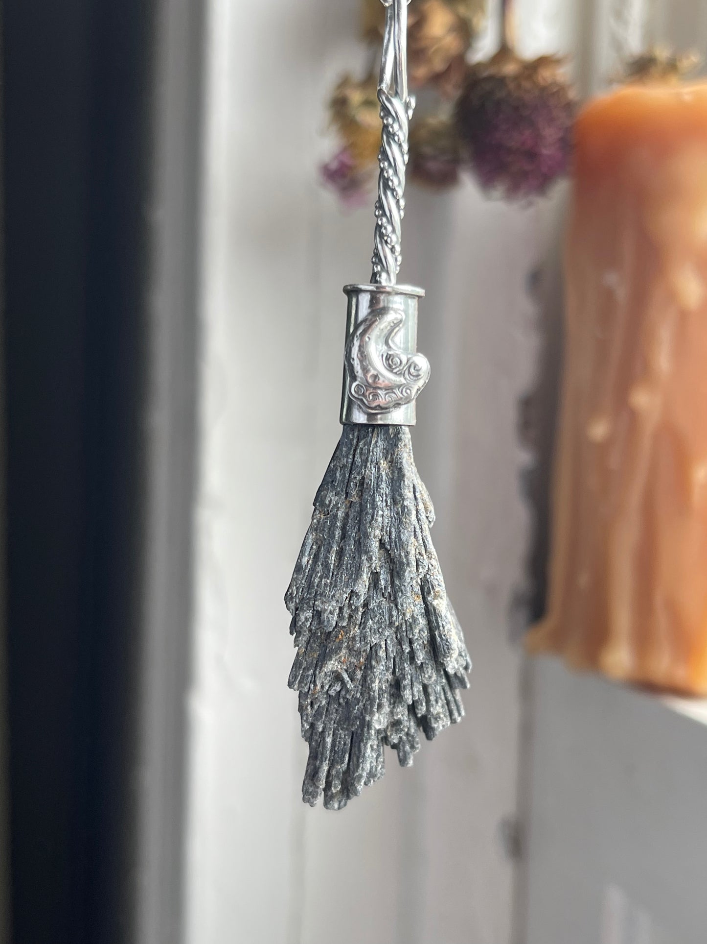 Clouded Crescent Whimsical Lunar Witch Crystal Broom Pendant