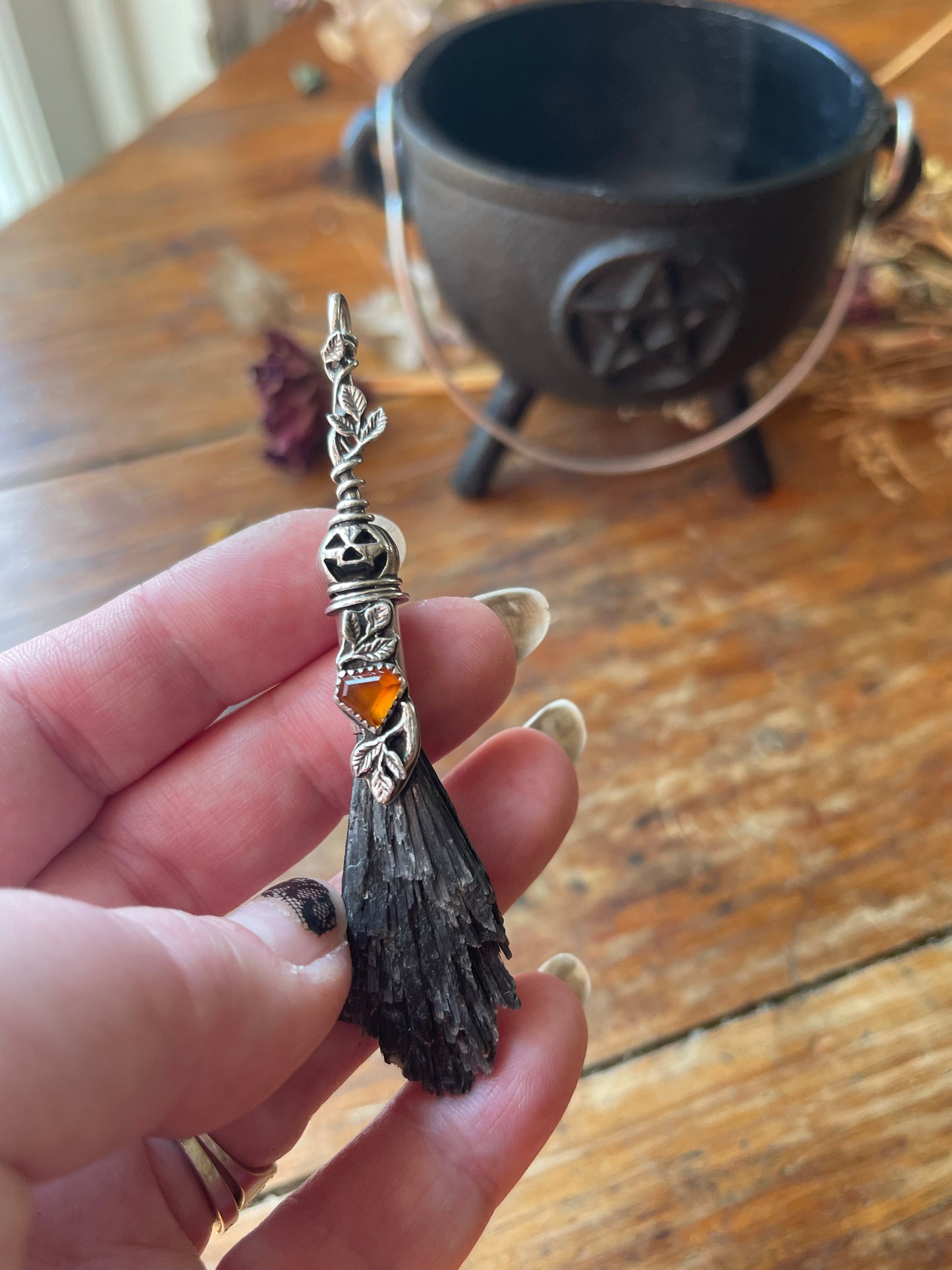 Glowing Garnet Pumpkin Autumn Witch Crystal Broom Pendant