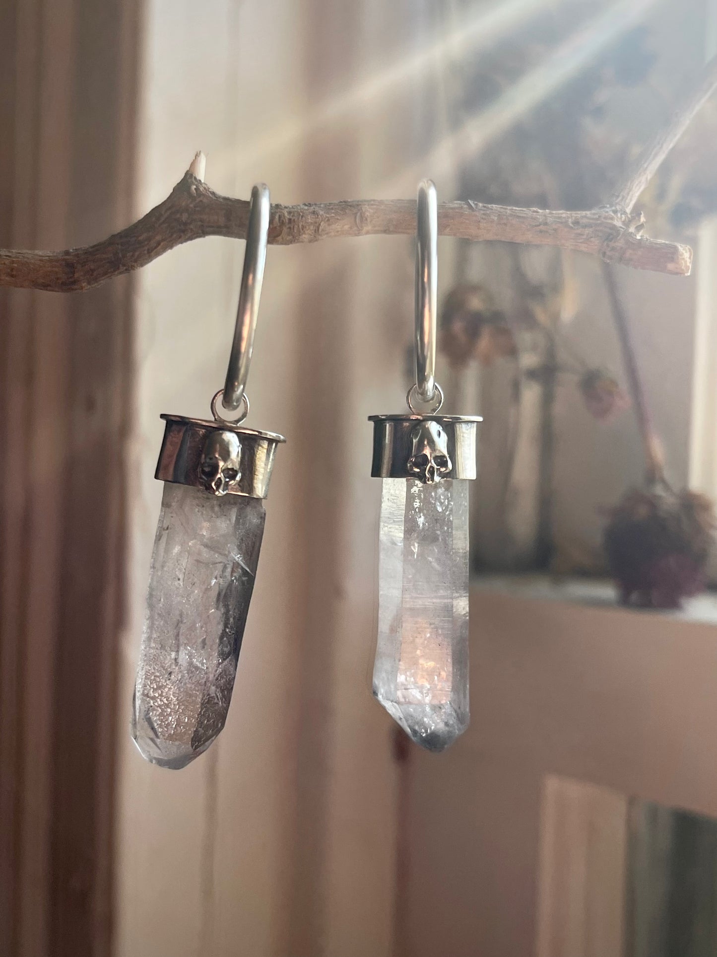 Gauged Tibetan Quartz Skull Ear Hanger Hoops