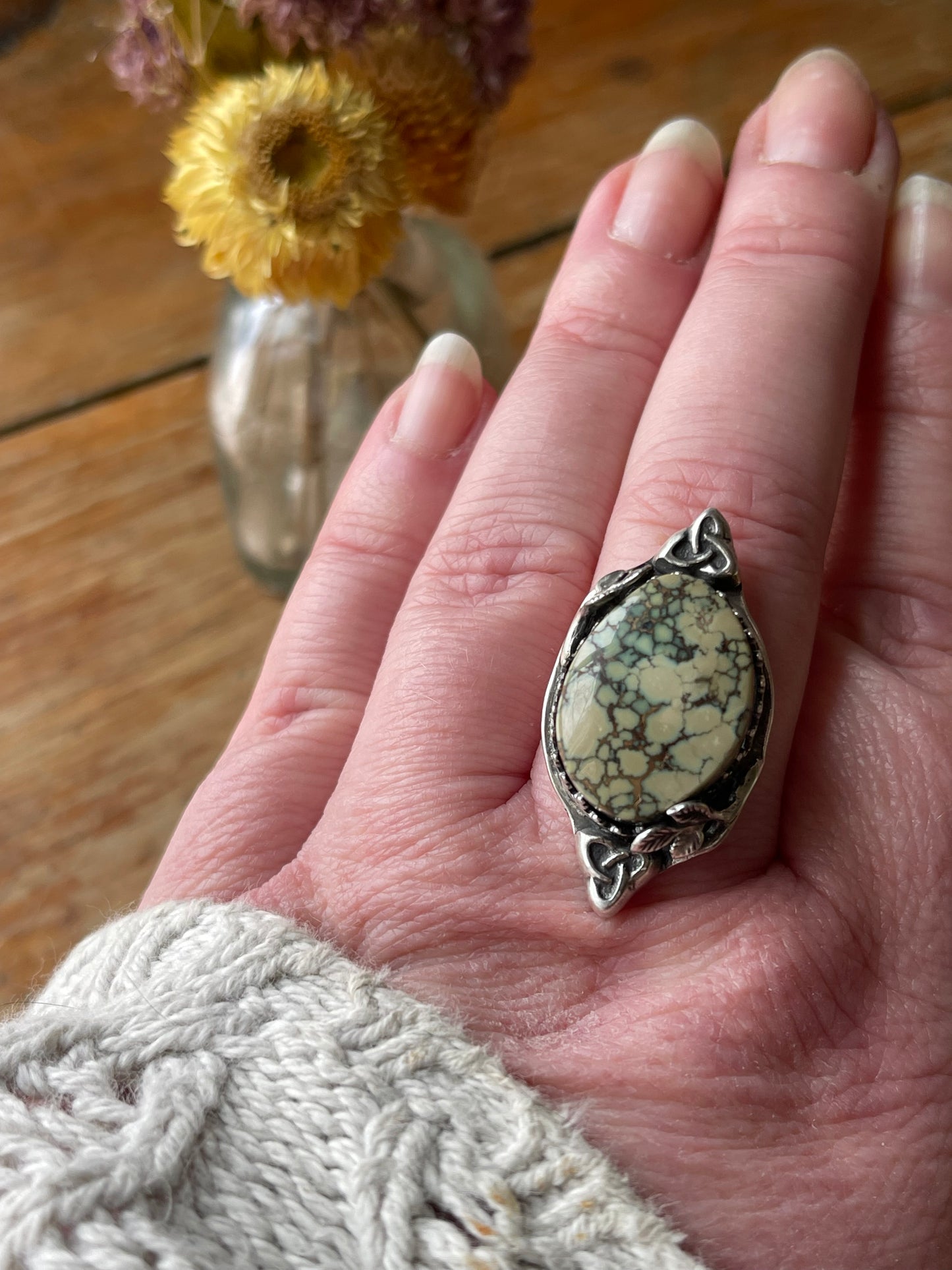 Moss & Moor • Green Damele Variscite Celtic Statement Ring • Size 7.5