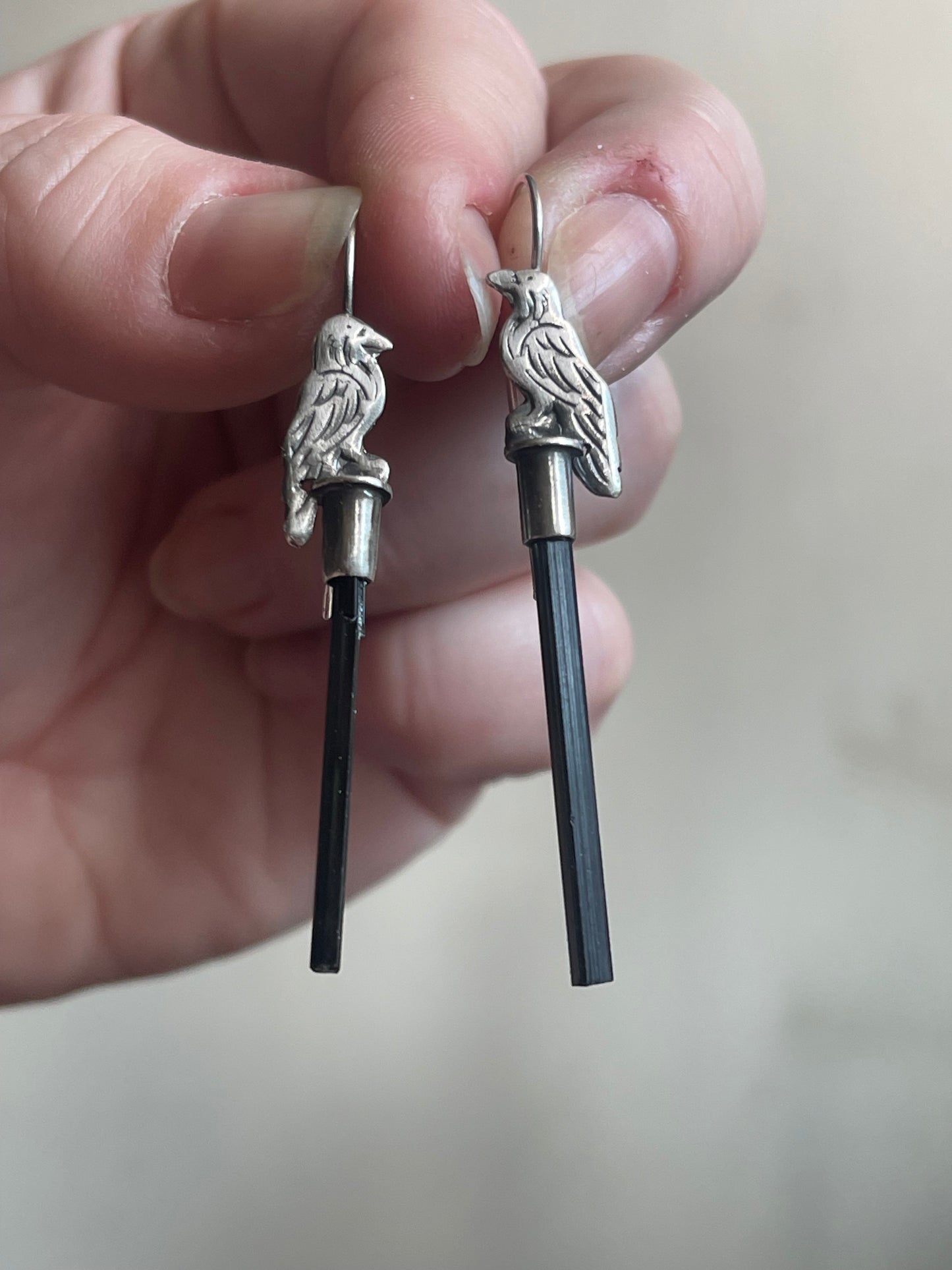 *Nevermore Black Tourmaline Crystal  Corvid Long Drop Earrings • Sterling Silver