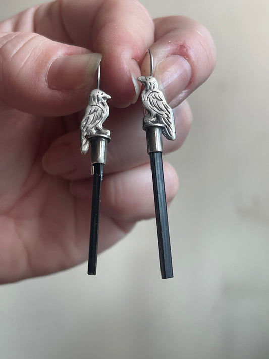 *Nevermore Black Tourmaline Crystal  Corvid Long Drop Earrings • Sterling Silver