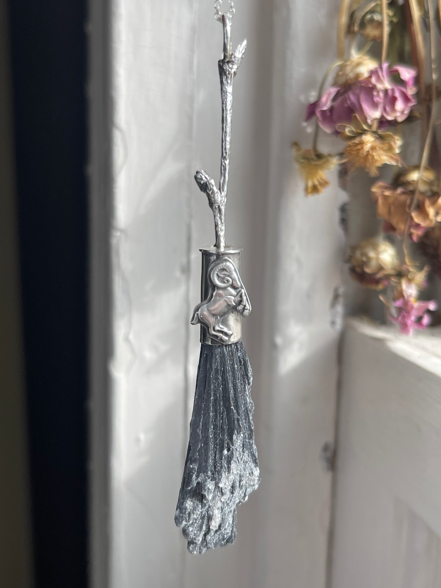 Aries Ram Forest Witch Crystal Broom Pendant