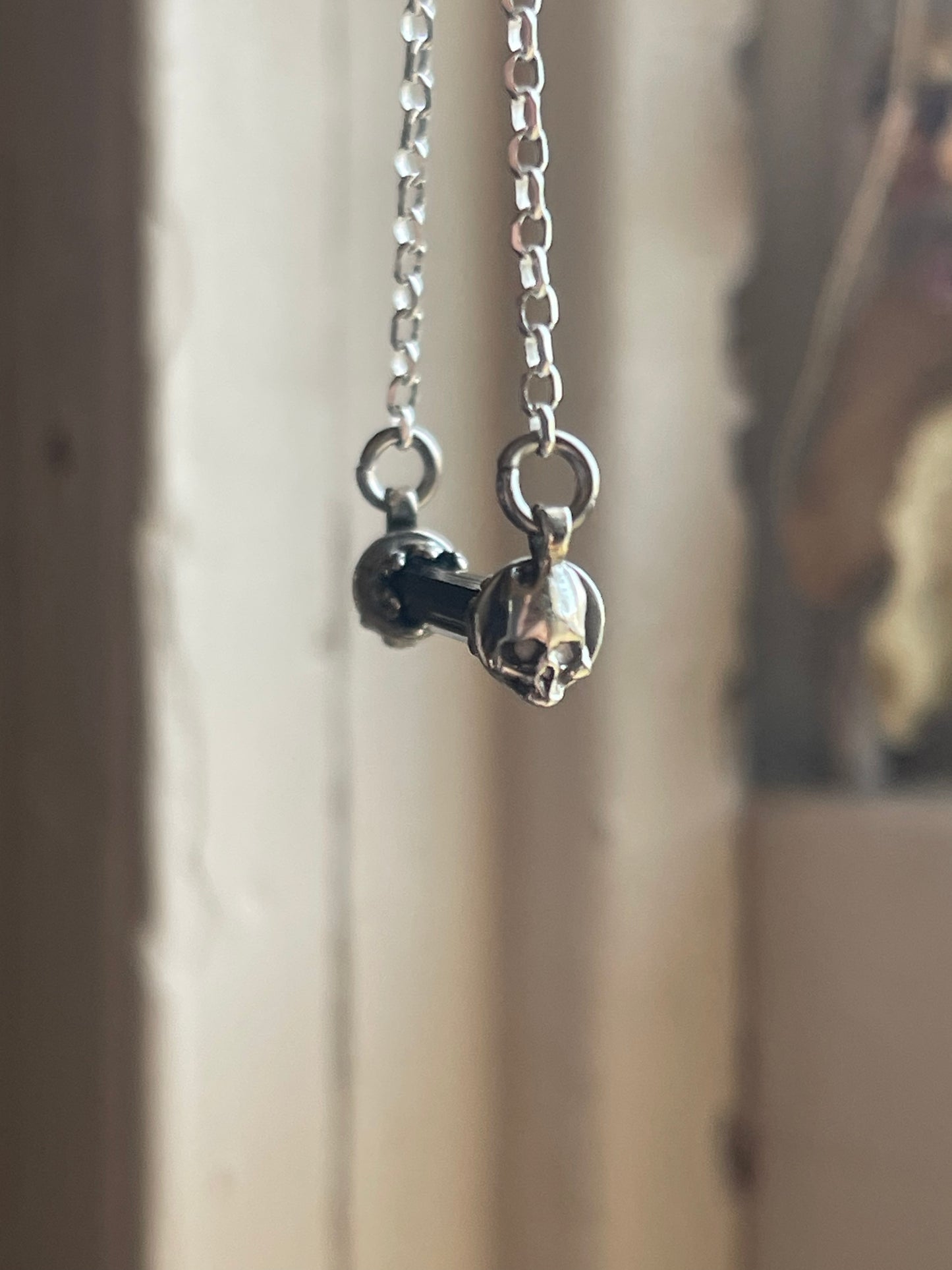 Black Tourmaline Crystal Gothic Skull Bar Necklace