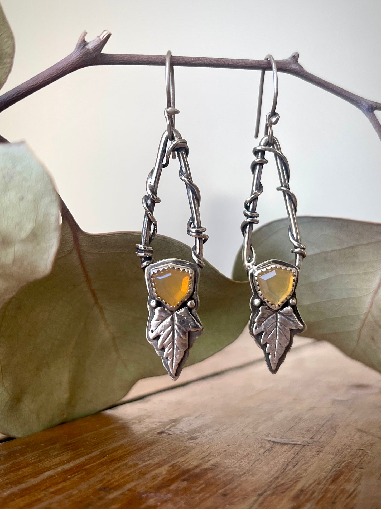 Leaves of Lórien • Oregon Fire Opal Leaf Drop Dangle Earrings