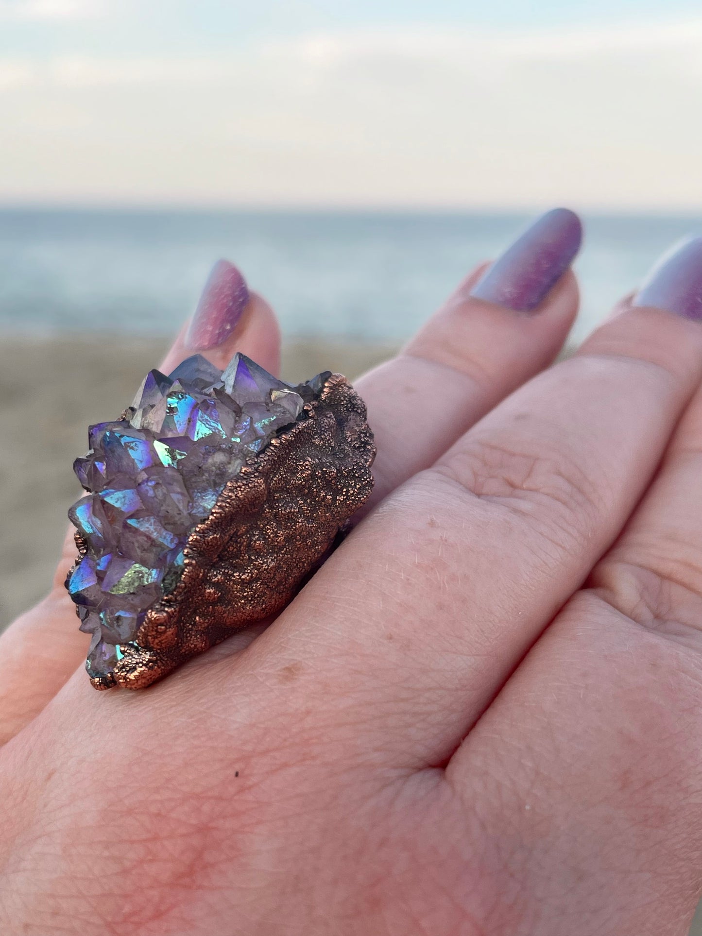 Angel Aurafied Geode Quartz Electroformed Copper Statement Ring
