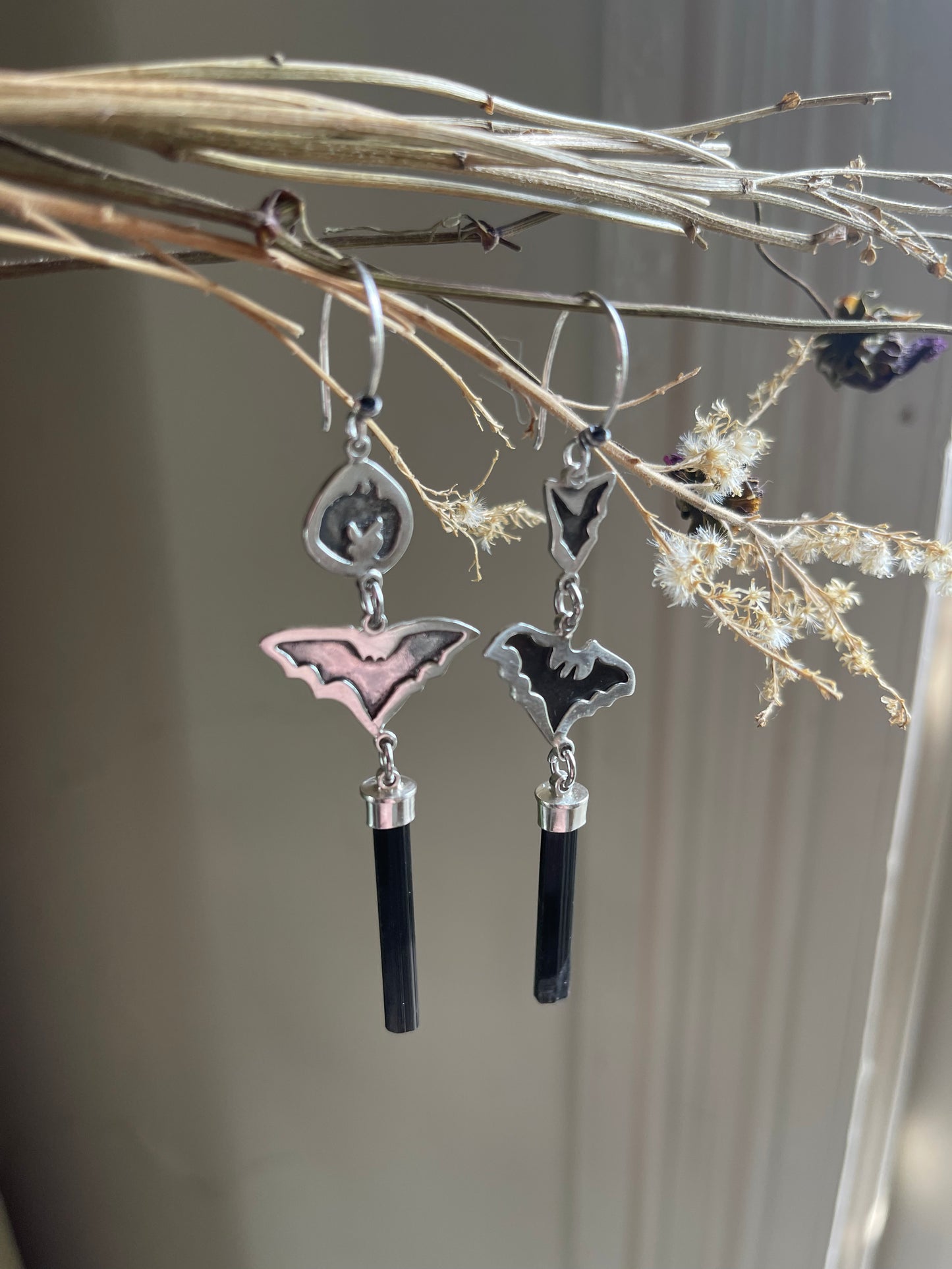 Grounded: Black Tourmaline Crystal Bat Dangle Earrings