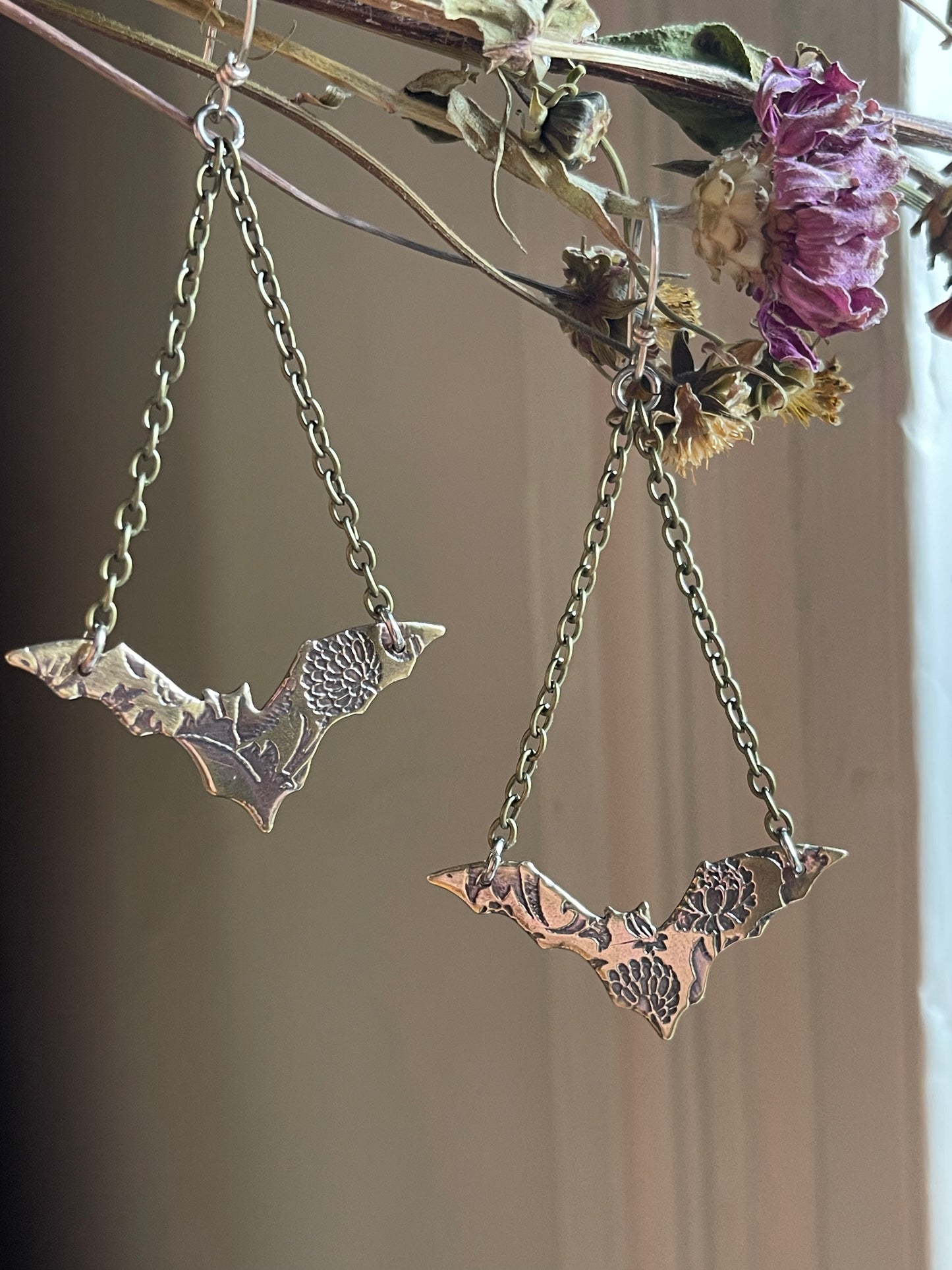 Floral Bats • Brass Dangle Earrings and Necklace