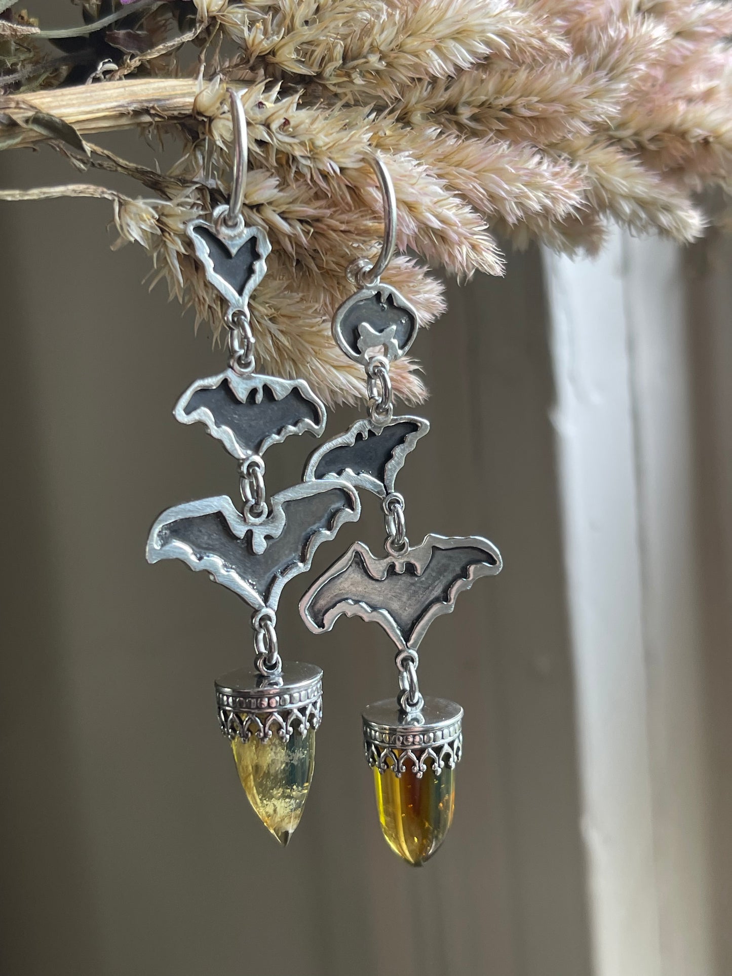 Into the Night: Mexican Amber Bullet Bat Hoop Stud Earrings