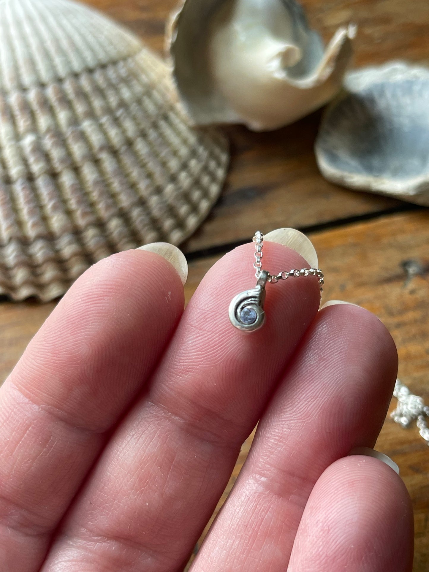 Tiny Tanzanite Swirly Shell Necklace