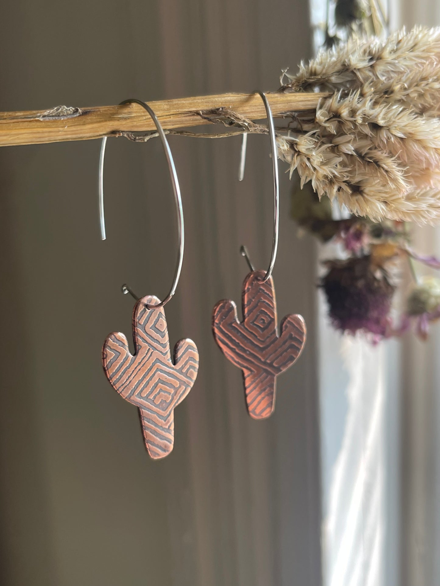 Etched Cactus Hoop Dangle Earrings