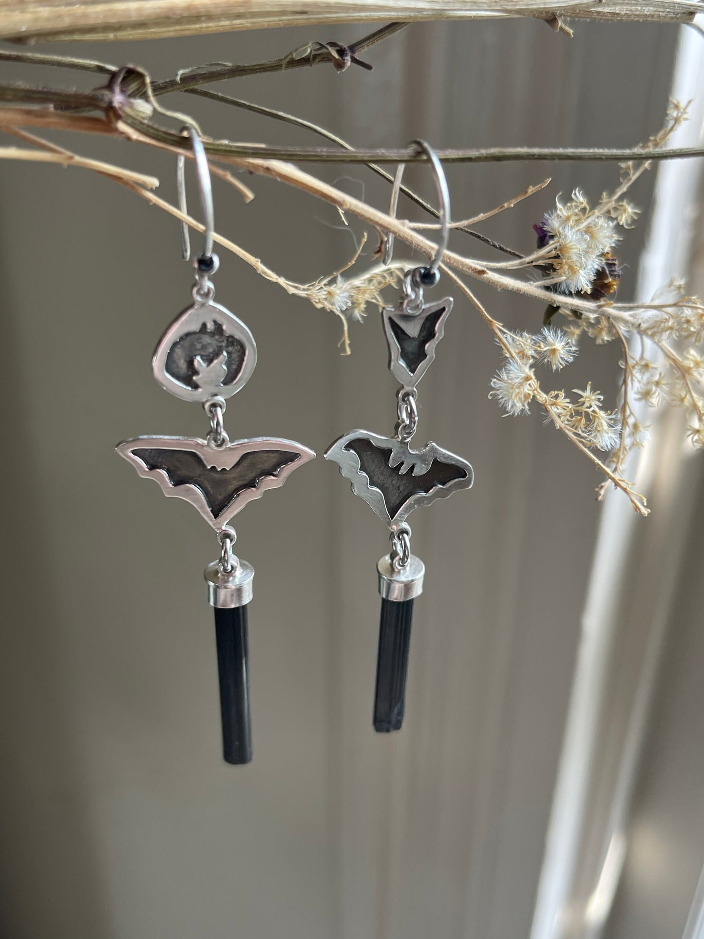 Grounded: Black Tourmaline Crystal Bat Dangle Earrings