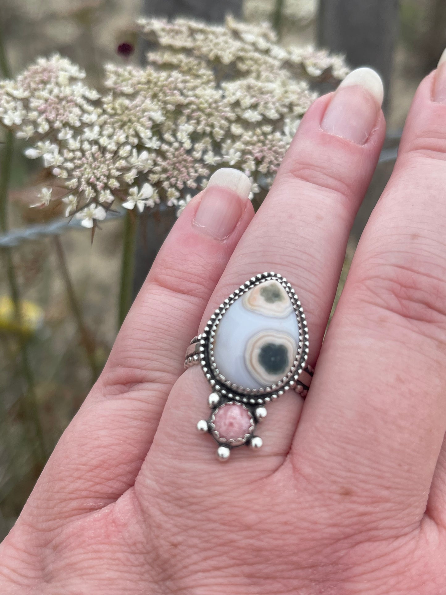 Peachy Kween Ocean Jasper • Rhodochrosite Nautical Statement Ring