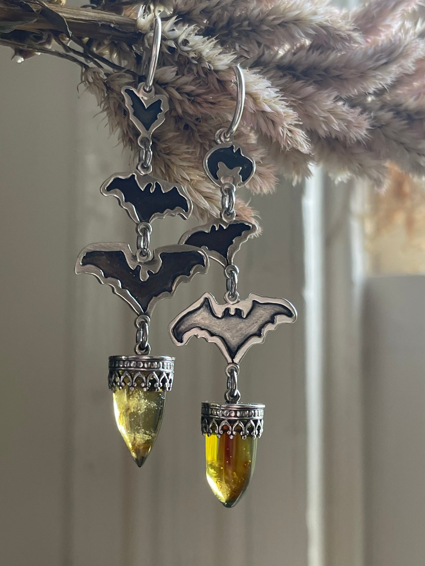 Into the Night: Mexican Amber Bullet Bat Hoop Stud Earrings