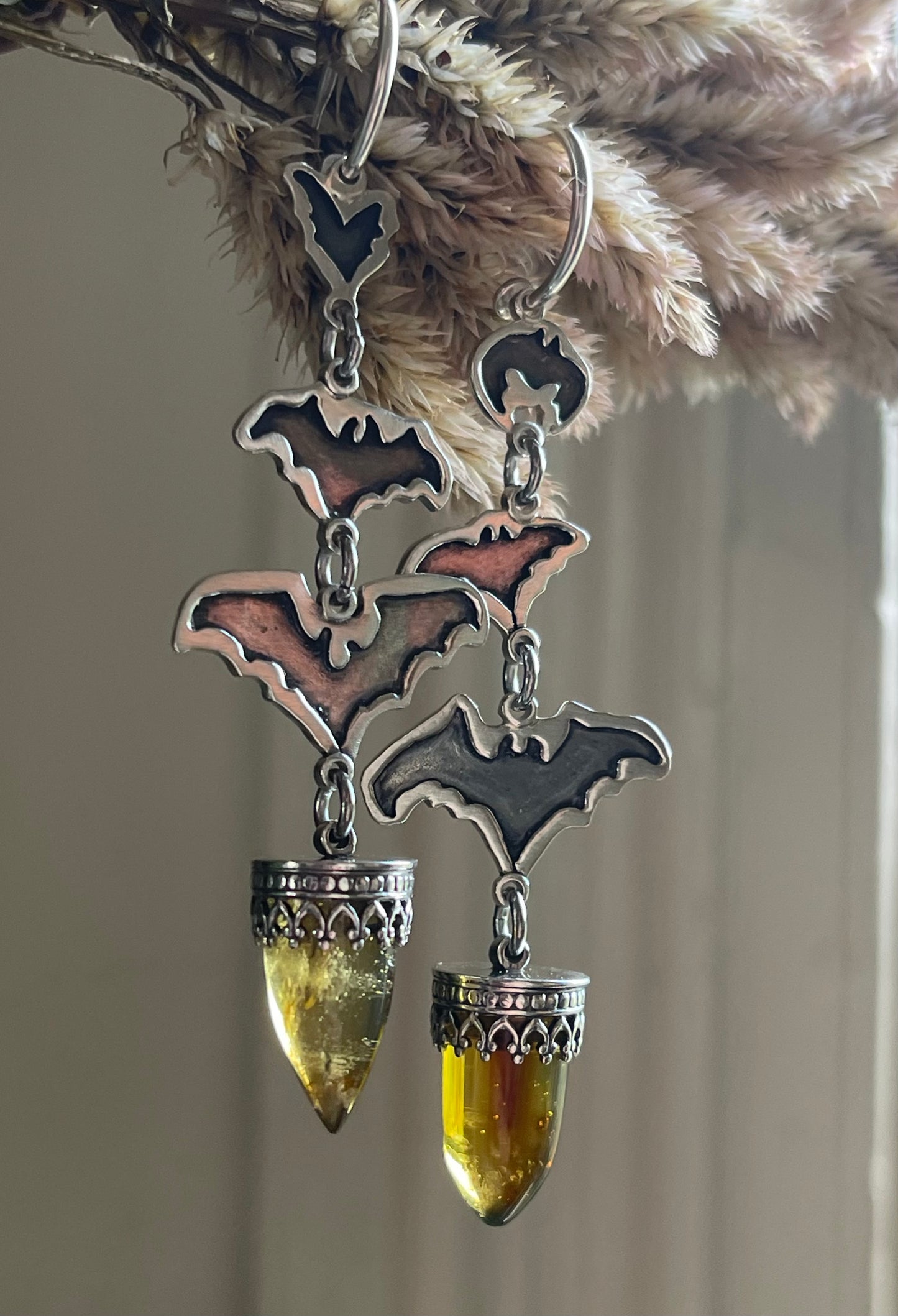 Into the Night: Mexican Amber Bullet Bat Hoop Stud Earrings