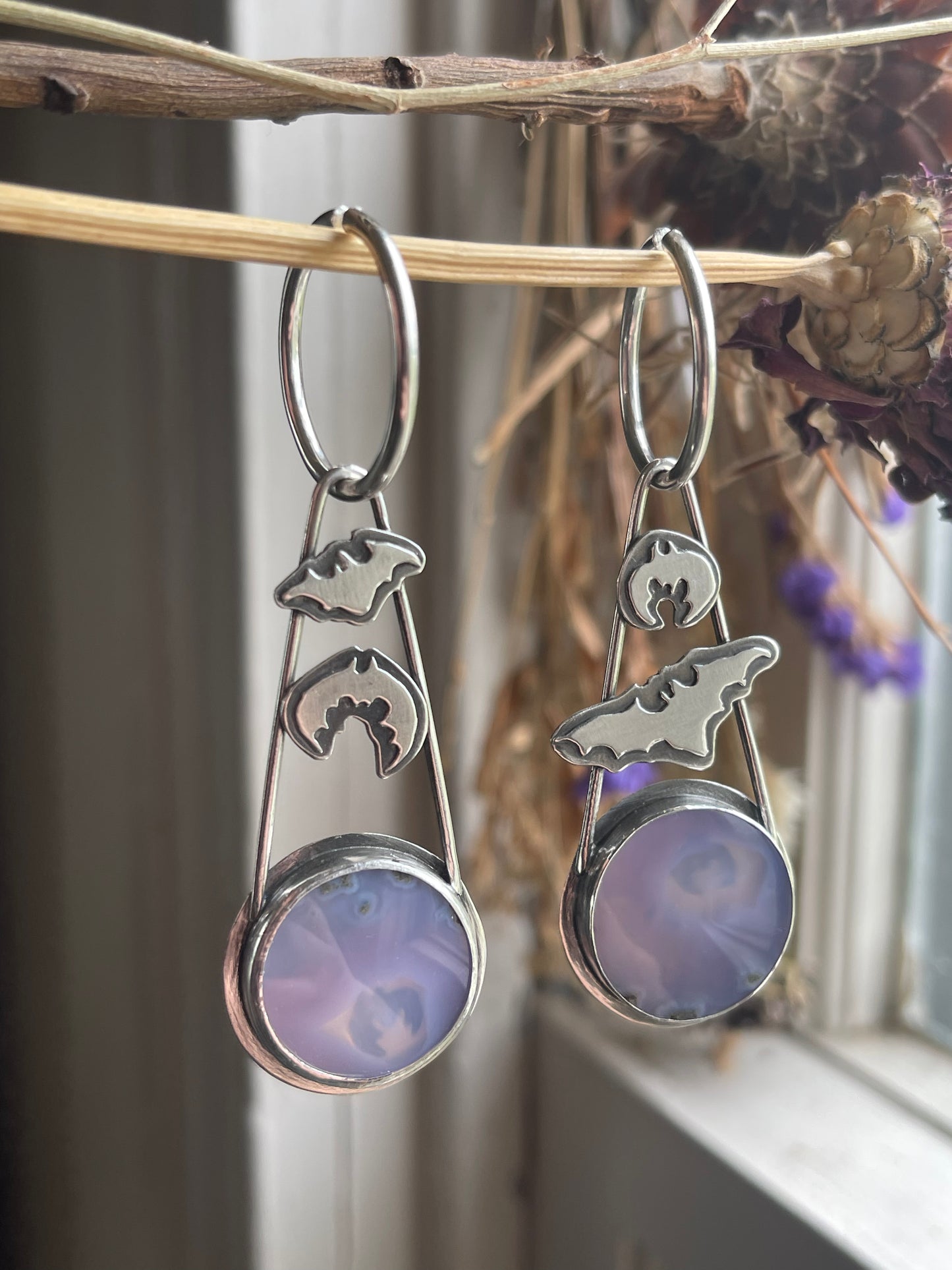 Crypt Keepers: Purple Moss Agate Batty Statement Earrings