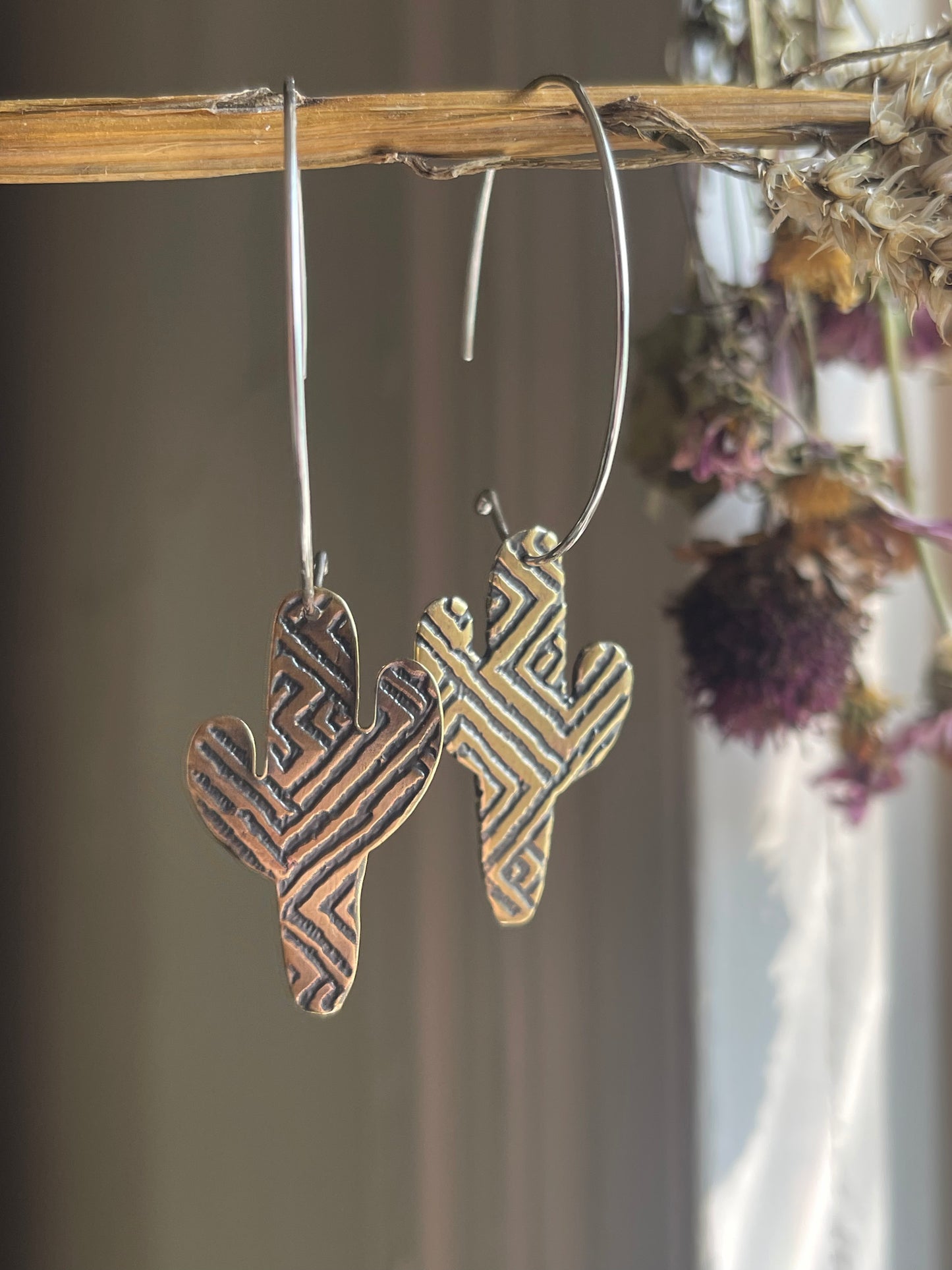 Etched Cactus Hoop Dangle Earrings