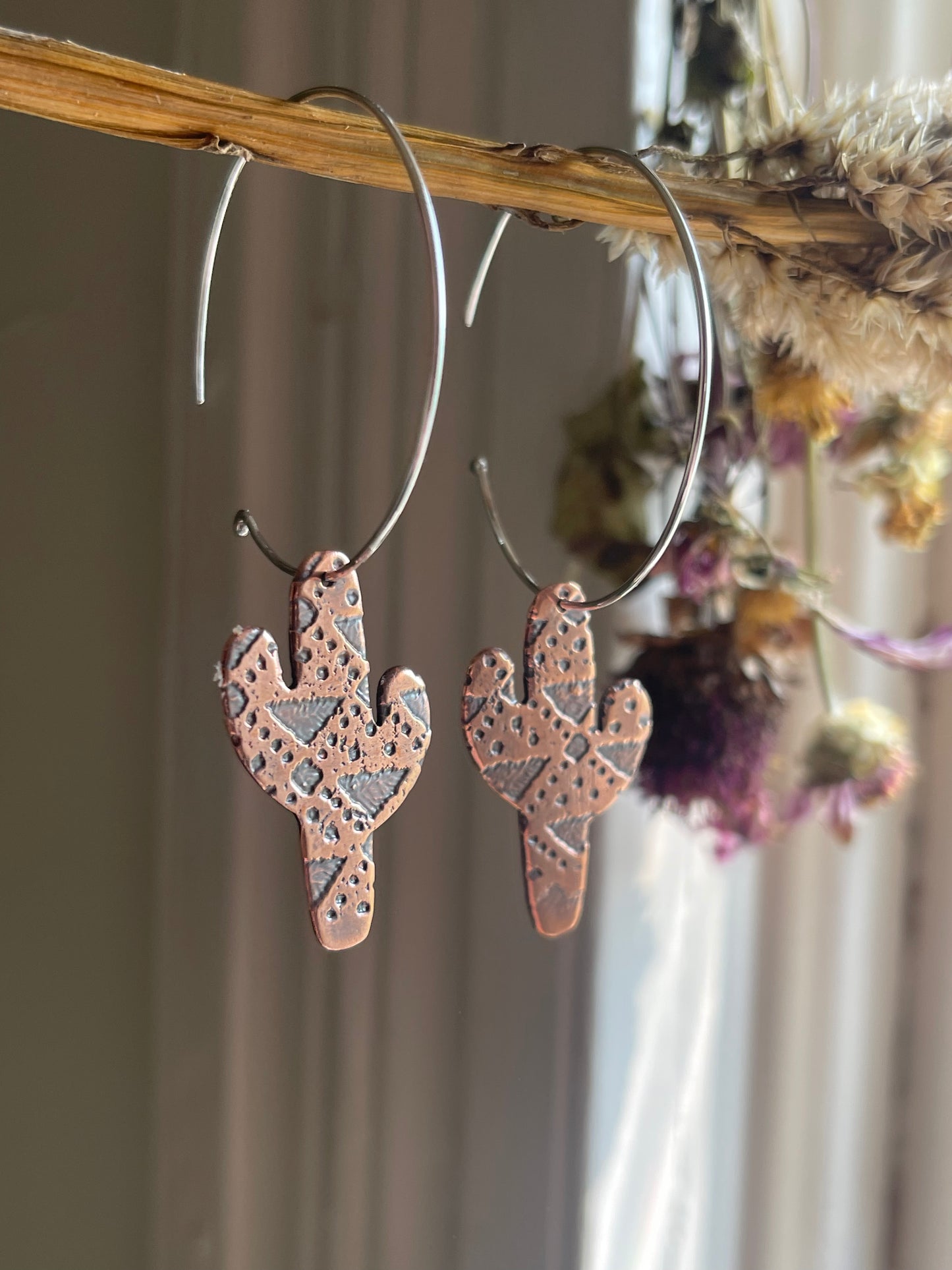 Etched Cactus Hoop Dangle Earrings