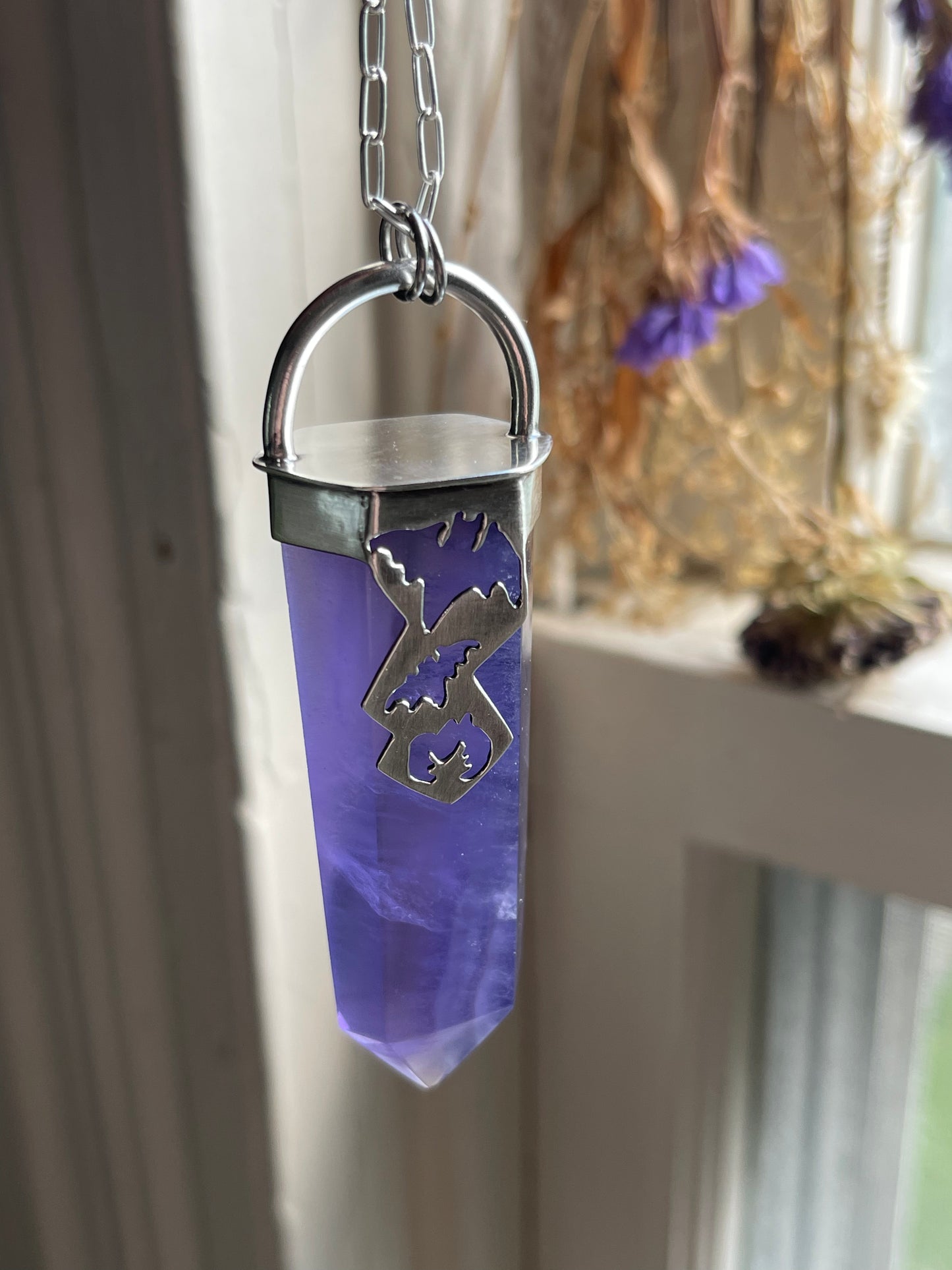 Graveyard Flowers: Purple Fluorite Crystal Batty Statement Pendant
